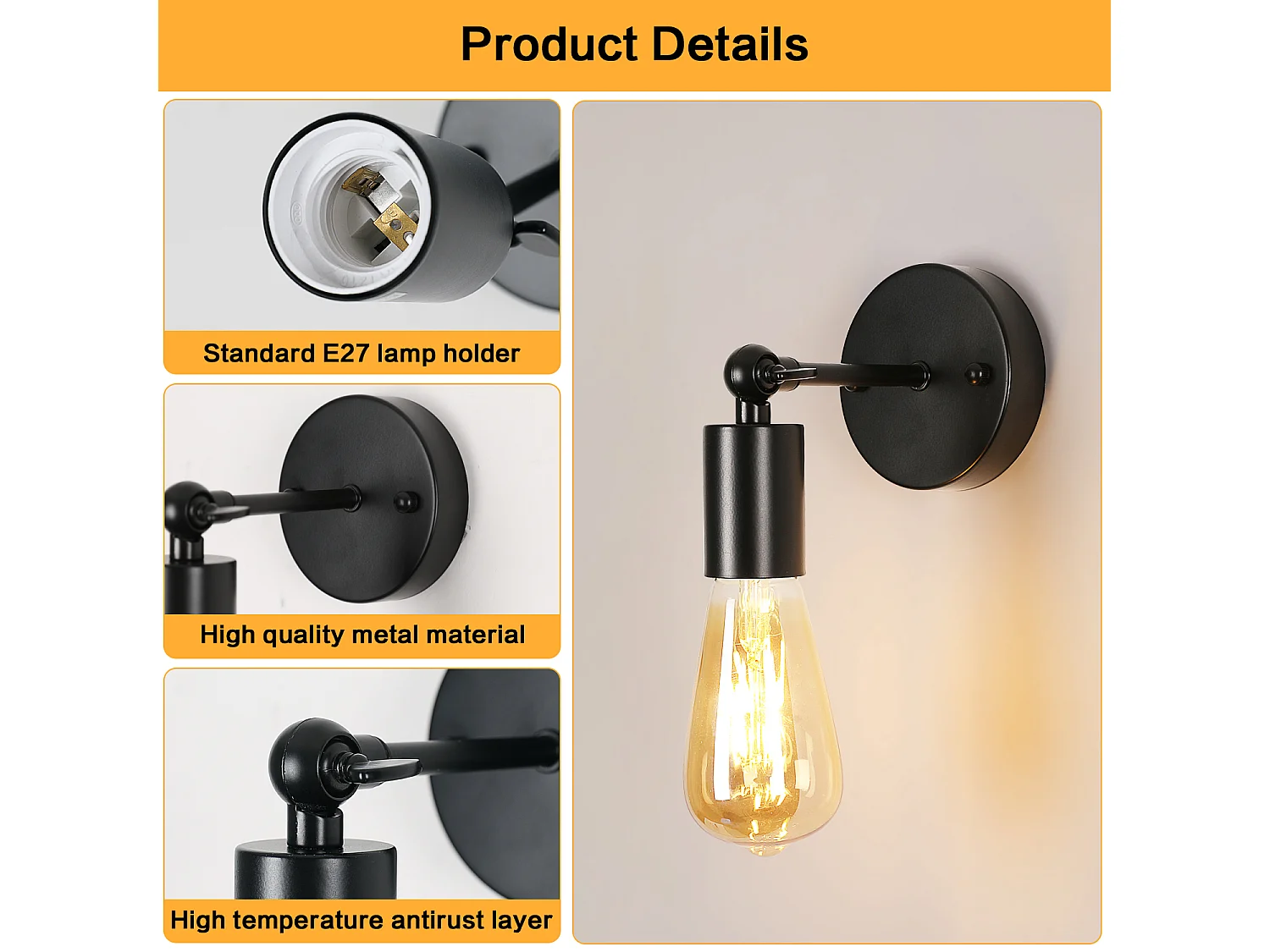 Lot de 2 Appliques Murales Vintage Noires E27 pour un Éclairage Intérieur Parfait dans le Salon ou le Couloir (Ampoules non incluses)
