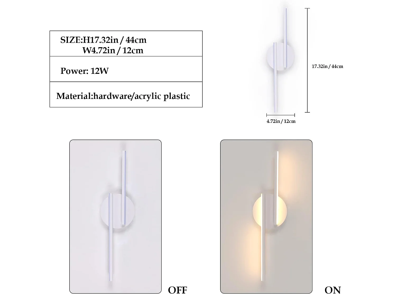 Haobosic Applique Murale LED Aluminium Forme I Blanc 44x12x5cm 16W Lumière Chaude 3000K Ra80 220-240V