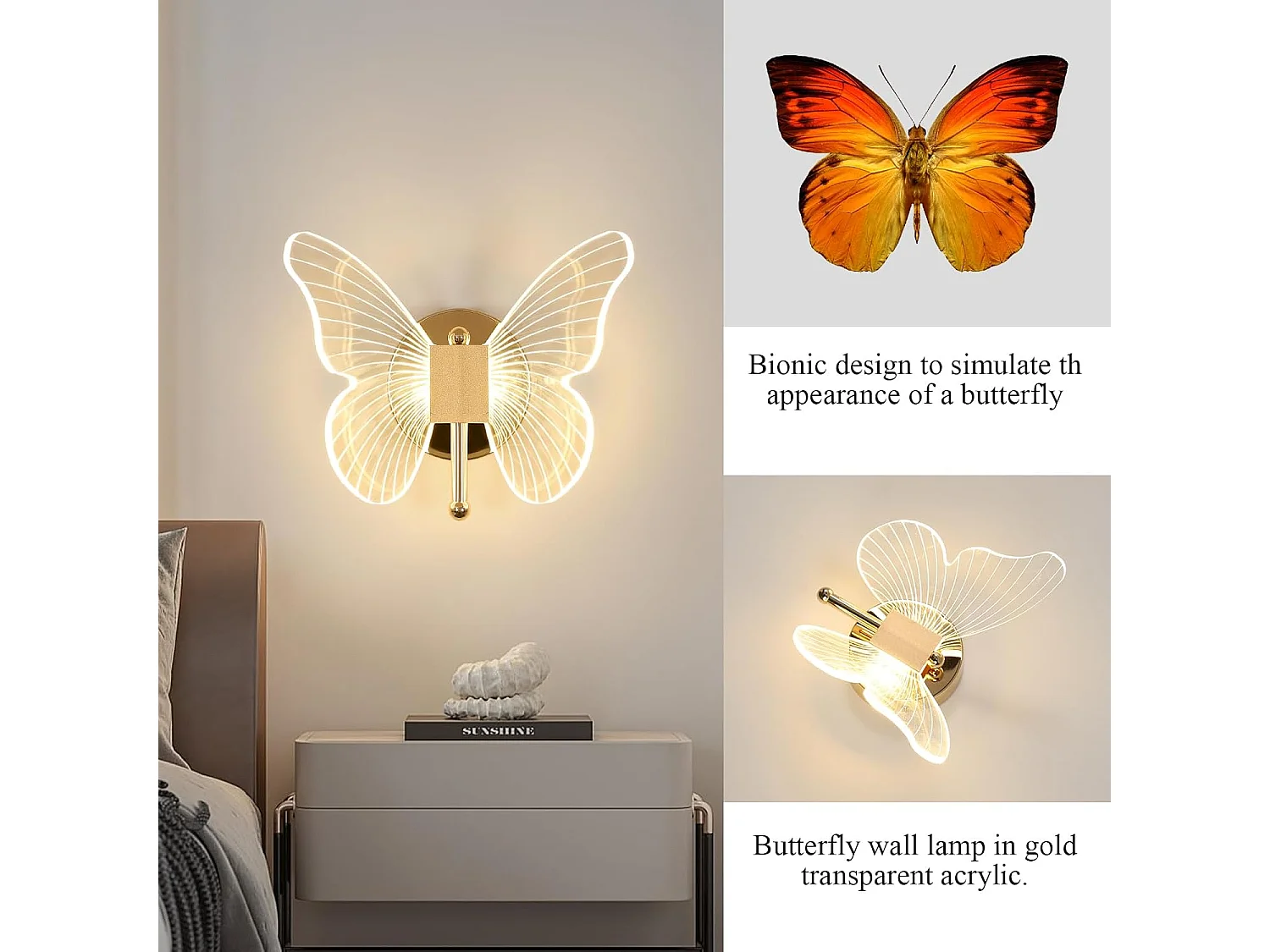 Applique Murale LED 10W，Lampe Murale Papillon Créatif, 3-couleurs Réglable 3000K-6500K Lampe de Chevet, Applique Murale pour Chambres éclairage Décoratif Intérieur