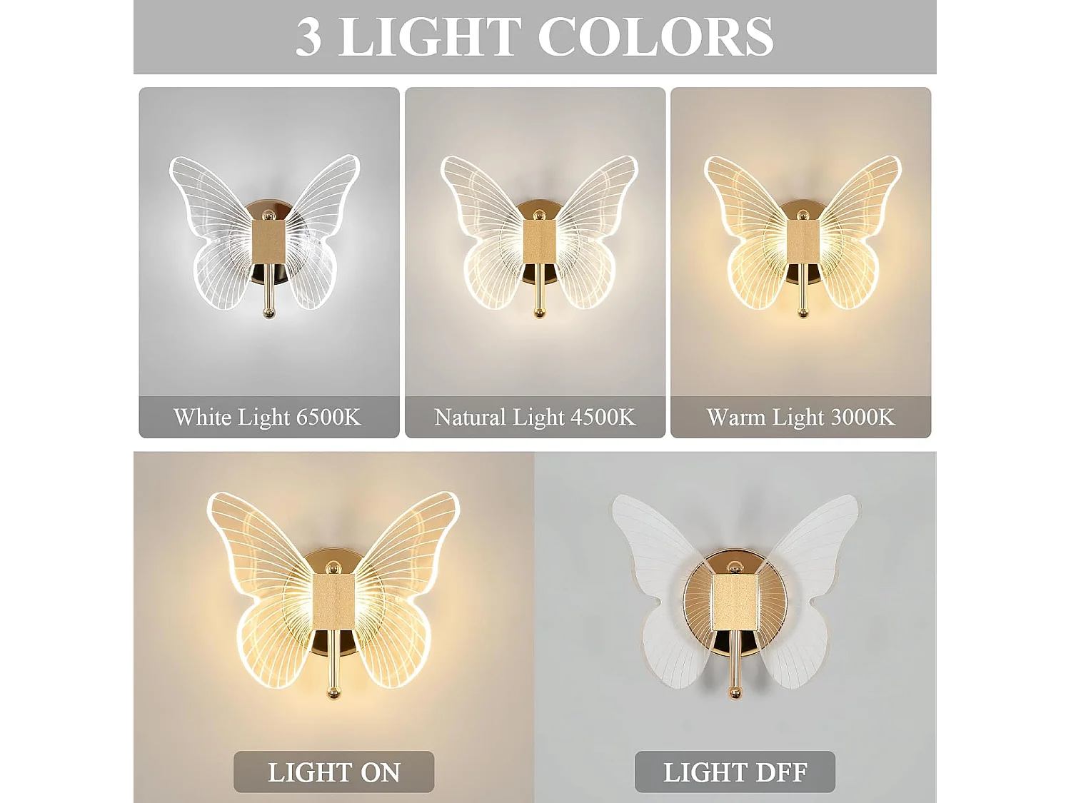 Applique Murale LED 10W，Lampe Murale Papillon Créatif, 3-couleurs Réglable 3000K-6500K Lampe de Chevet, Applique Murale pour Chambres éclairage Décoratif Intérieur
