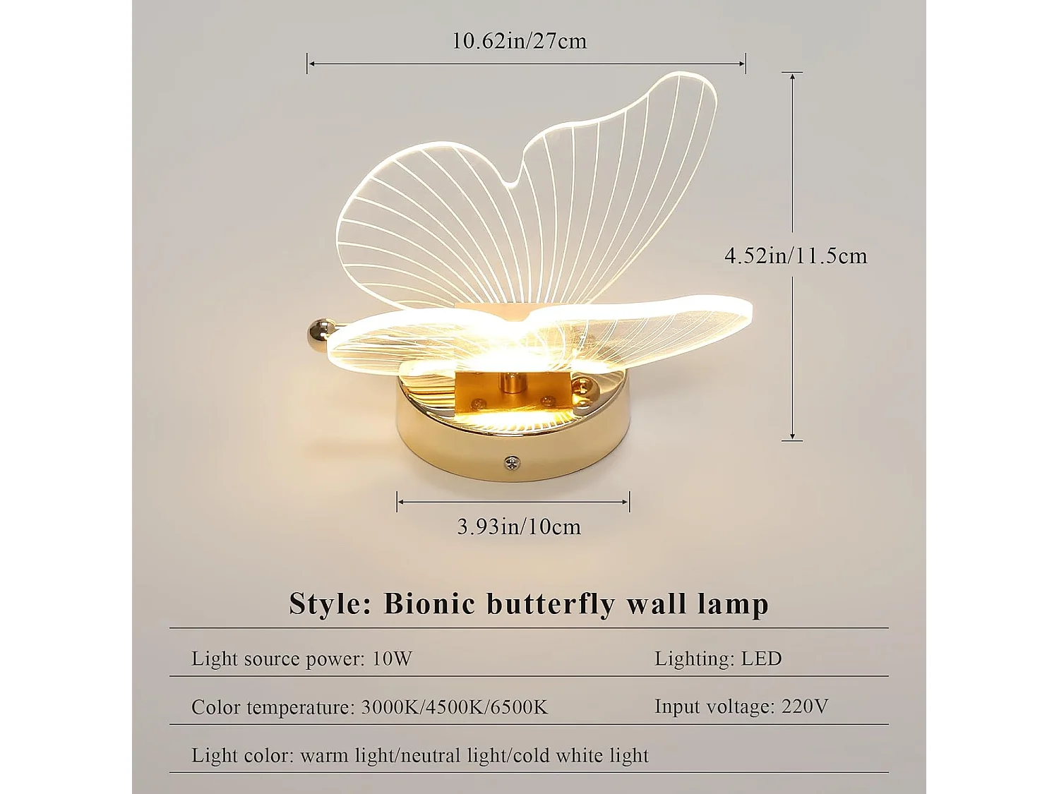 Applique Murale LED 10W，Lampe Murale Papillon Créatif, 3-couleurs Réglable 3000K-6500K Lampe de Chevet, Applique Murale pour Chambres éclairage Décoratif Intérieur