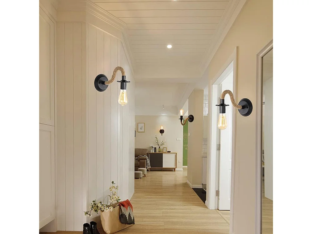 2Packs Applique Murale Vintage, Lampe Murale Corde de Chanvre, E27 Rétro Applique Murale Interieur pour Couloir Loft Chambre Café Bar (sans Ampoule)