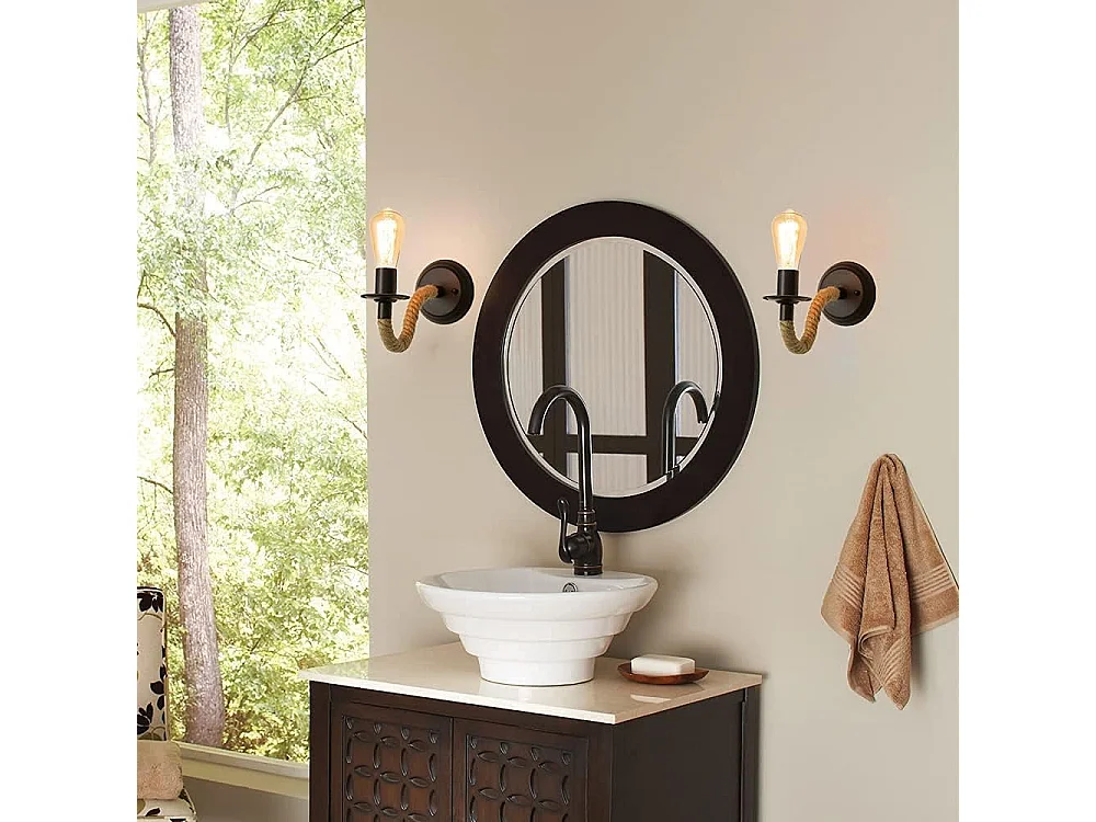 2Packs Applique Murale Vintage, Lampe Murale Corde de Chanvre, E27 Rétro Applique Murale Interieur pour Couloir Loft Chambre Café Bar (sans Ampoule)