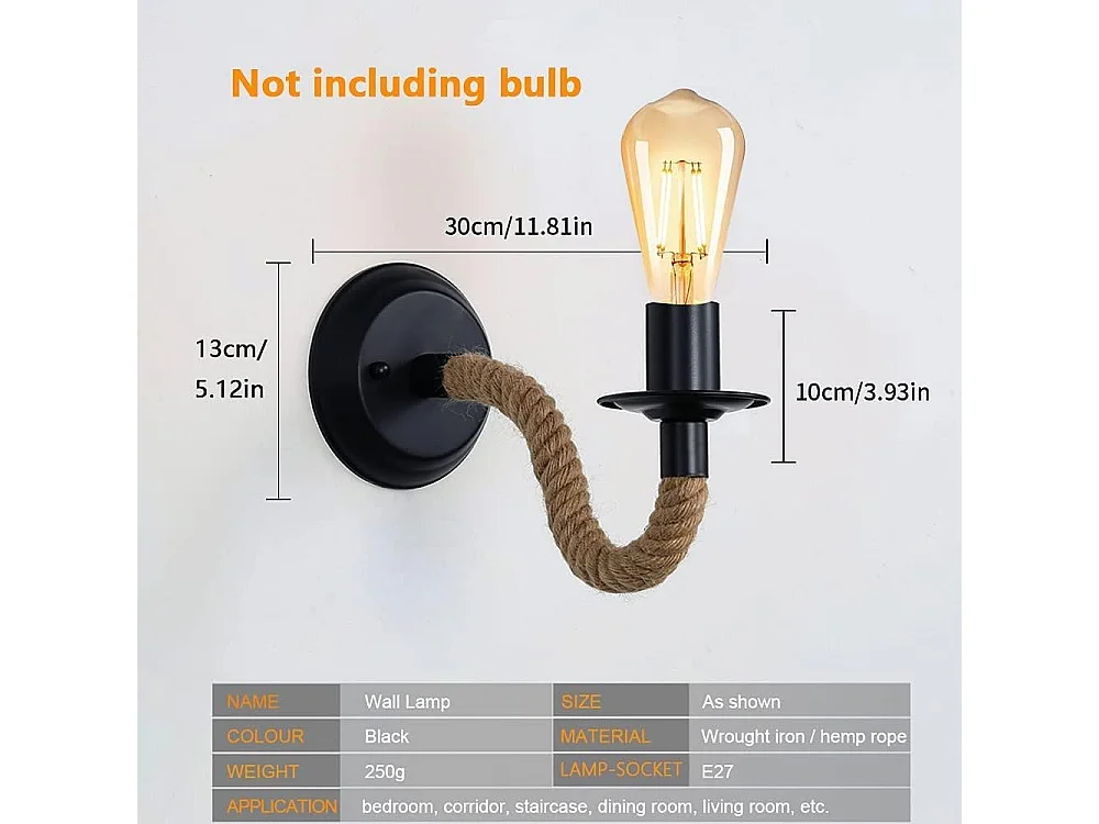 2Packs Applique Murale Vintage, Lampe Murale Corde de Chanvre, E27 Rétro Applique Murale Interieur pour Couloir Loft Chambre Café Bar (sans Ampoule)