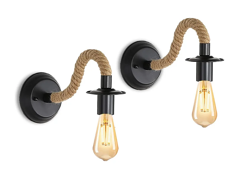 2Packs Applique Murale Vintage, Lampe Murale Corde de Chanvre, E27 Rétro Applique Murale Interieur pour Couloir Loft Chambre Café Bar (sans Ampoule)