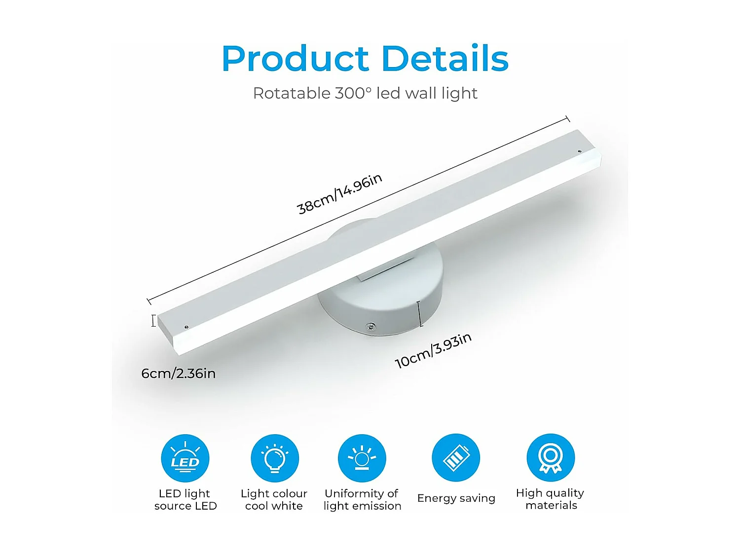 Applique Murale Intérieure, Lampe Murale Aluminium Rotation 360°, Moderne pour Salon, Chambre, Escalier, Couloir Blanc Froid 6500K