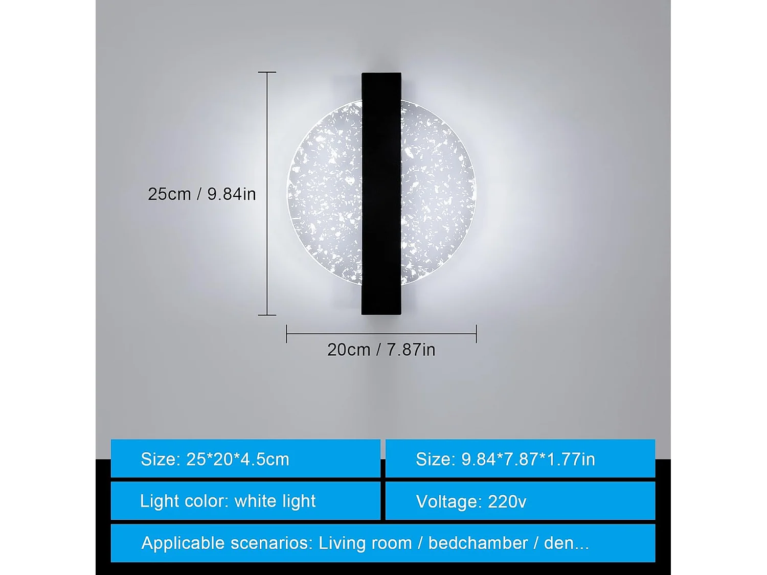 Applique Murale Interieur LED 12W, Noire Créative Ronde 1500LM Lumière Blanche Froide 6500K Lampe Murale LED Interieur avec Feuille d'argent, Lampe Murale LED