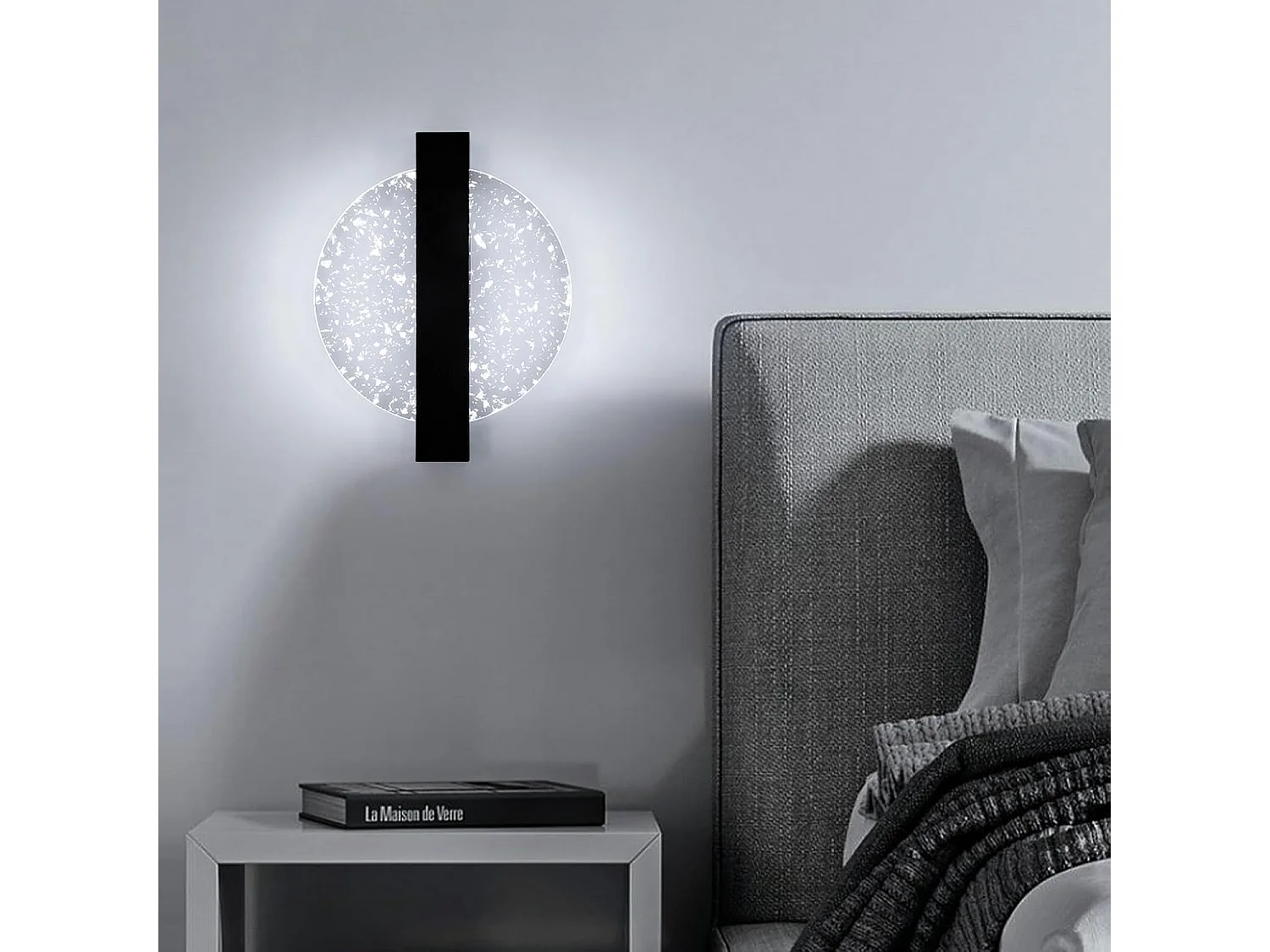 Applique Murale Interieur LED 12W, Noire Créative Ronde 1500LM Lumière Blanche Froide 6500K Lampe Murale LED Interieur avec Feuille d'argent, Lampe Murale LED