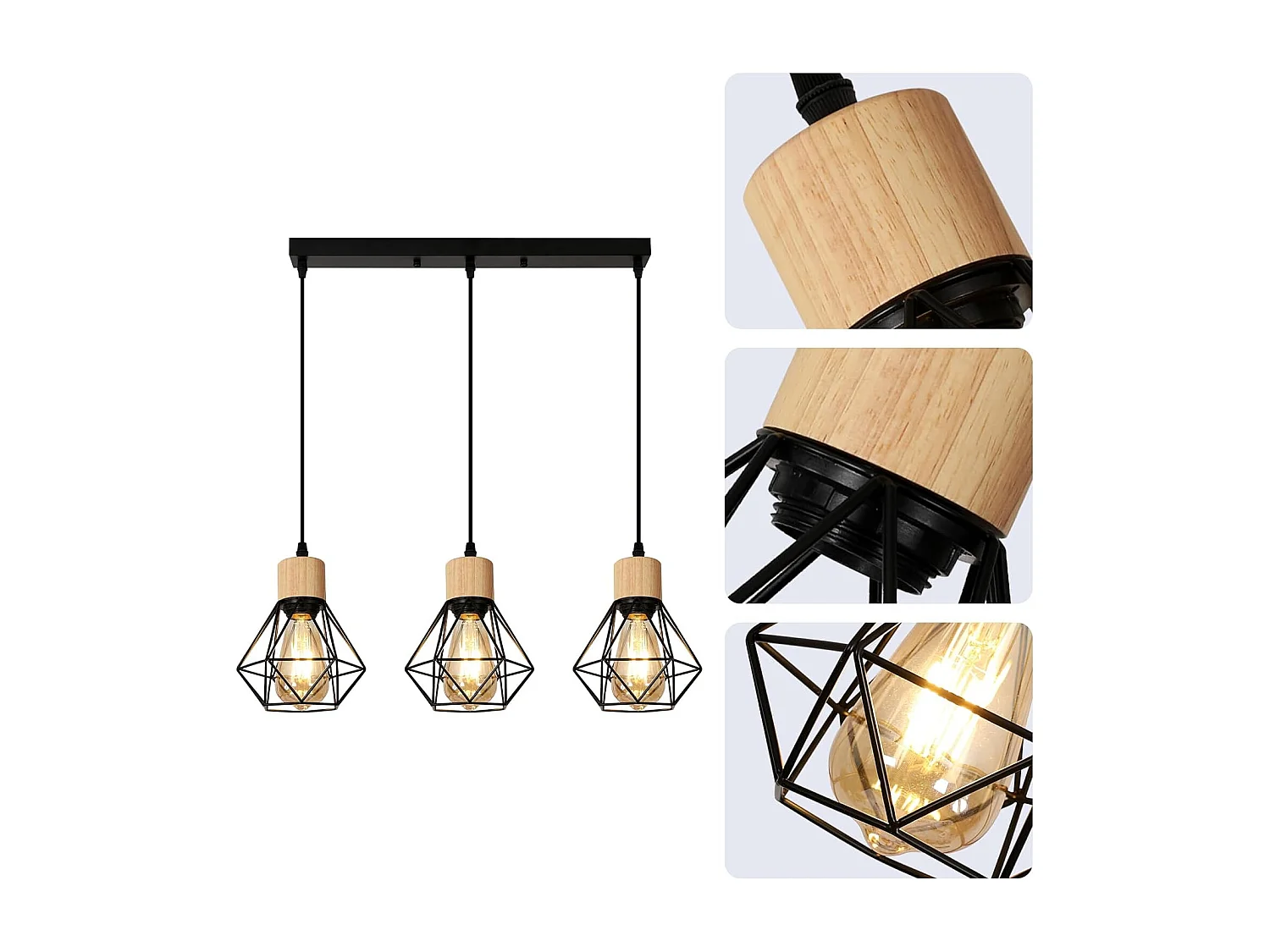 Suspensions Vintage E27 Lustre Industriel à 3 Lampes Plafonnier Vintage Industriel avec Abat-Jour en Métal Noir Parfait pour un Style Moderne dans Salon Cuisine