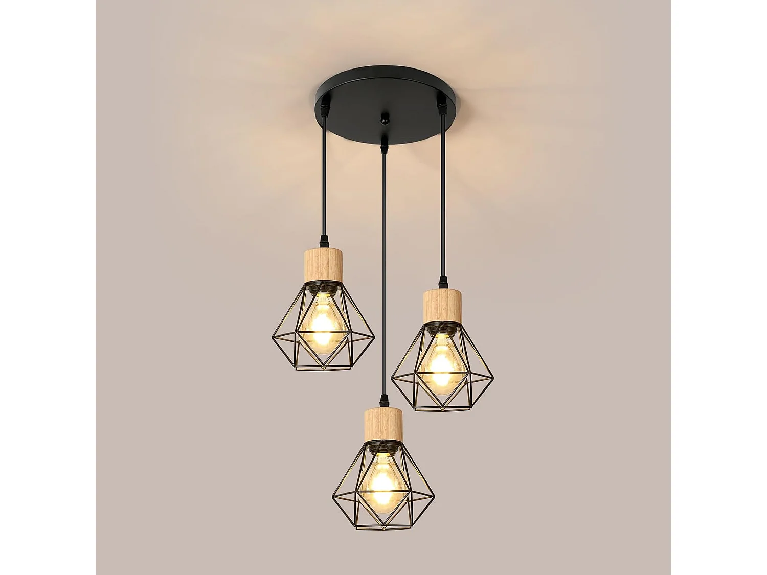 Suspension Cuisine Industrielle Lustre Noir en Fer avec Abat-Jour Cage Luminaire Plafonnier E27 Réglable en Hauteur Diamètre 16 cm 3 Lumières(Ampoule Non Incluse)