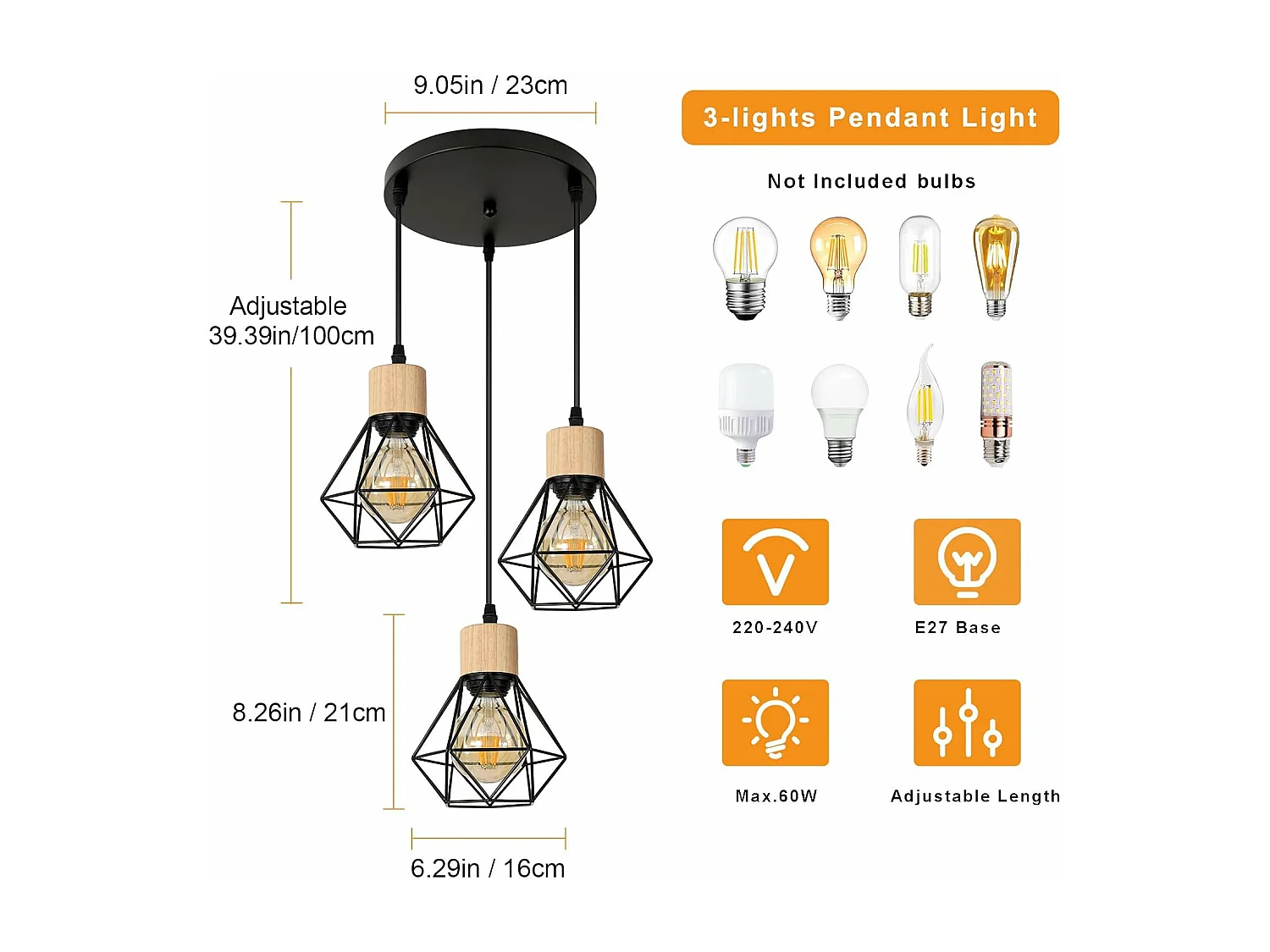Suspension Cuisine Industrielle Lustre Noir en Fer avec Abat-Jour Cage Luminaire Plafonnier E27 Réglable en Hauteur Diamètre 16 cm 3 Lumières(Ampoule Non Incluse)
