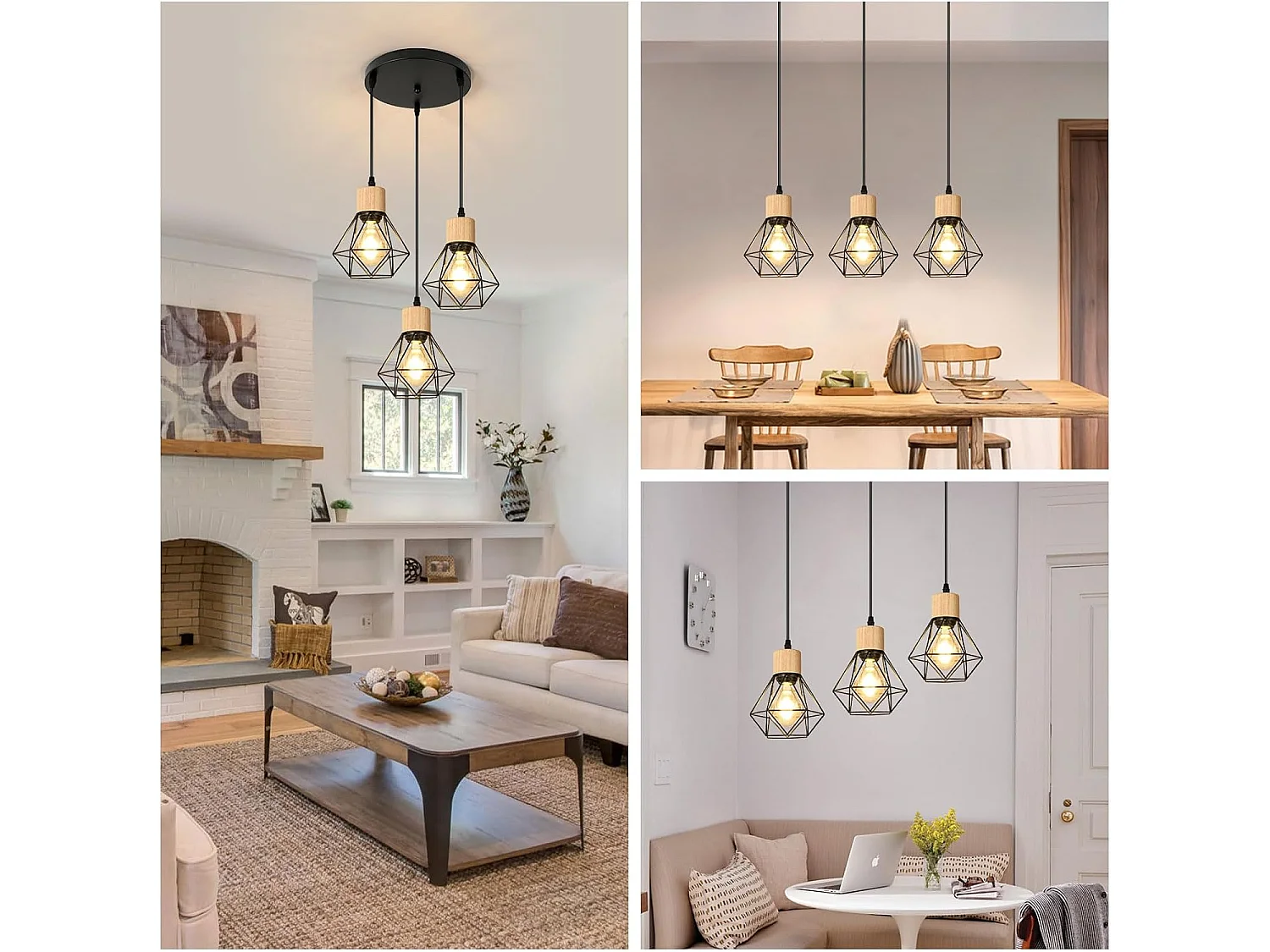 Suspension Cuisine Industrielle Lustre Noir en Fer avec Abat-Jour Cage Luminaire Plafonnier E27 Réglable en Hauteur Diamètre 16 cm 3 Lumières(Ampoule Non Incluse)