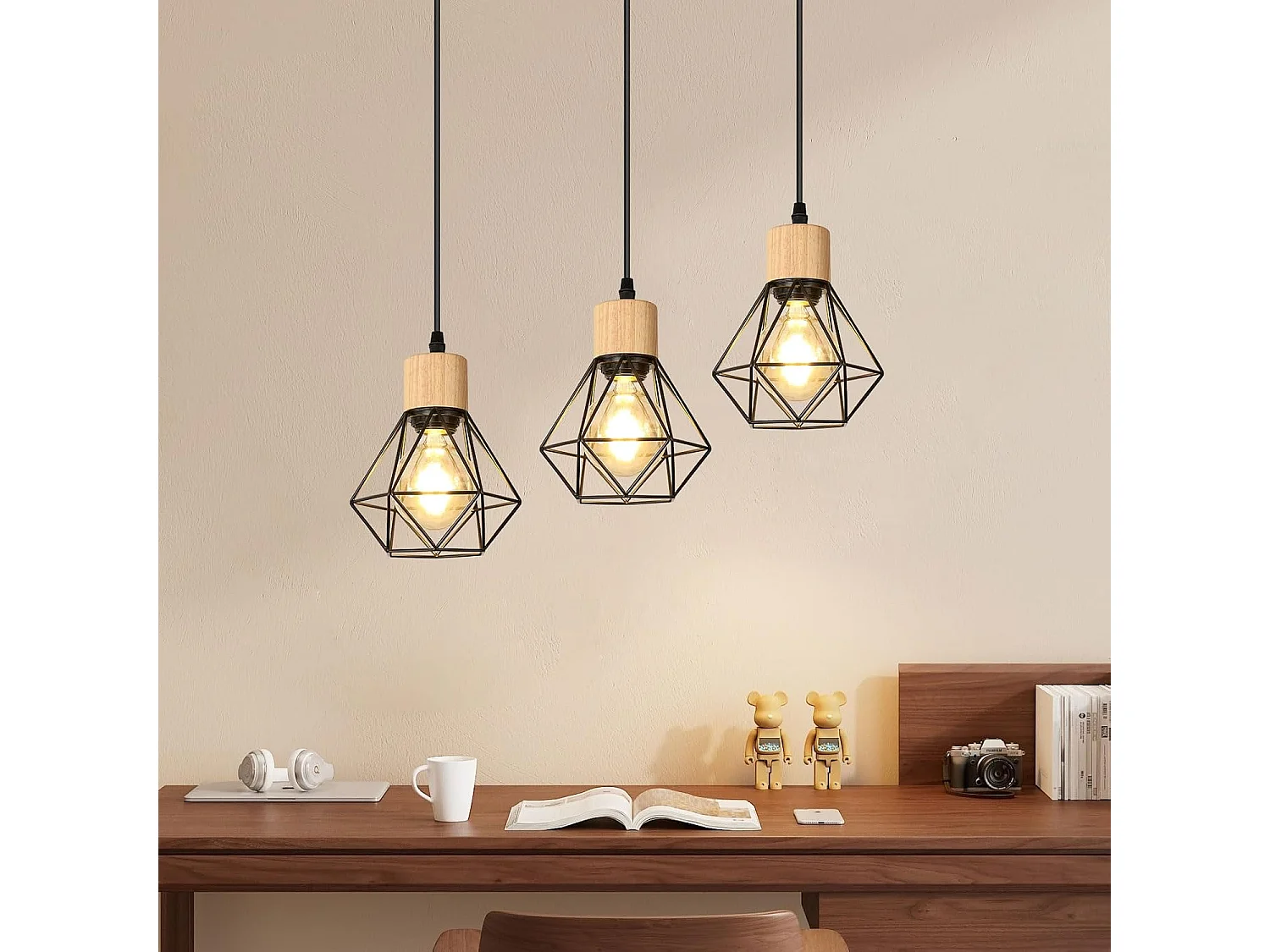 Suspension Cuisine Industrielle Lustre Noir en Fer avec Abat-Jour Cage Luminaire Plafonnier E27 Réglable en Hauteur Diamètre 16 cm 3 Lumières(Ampoule Non Incluse)