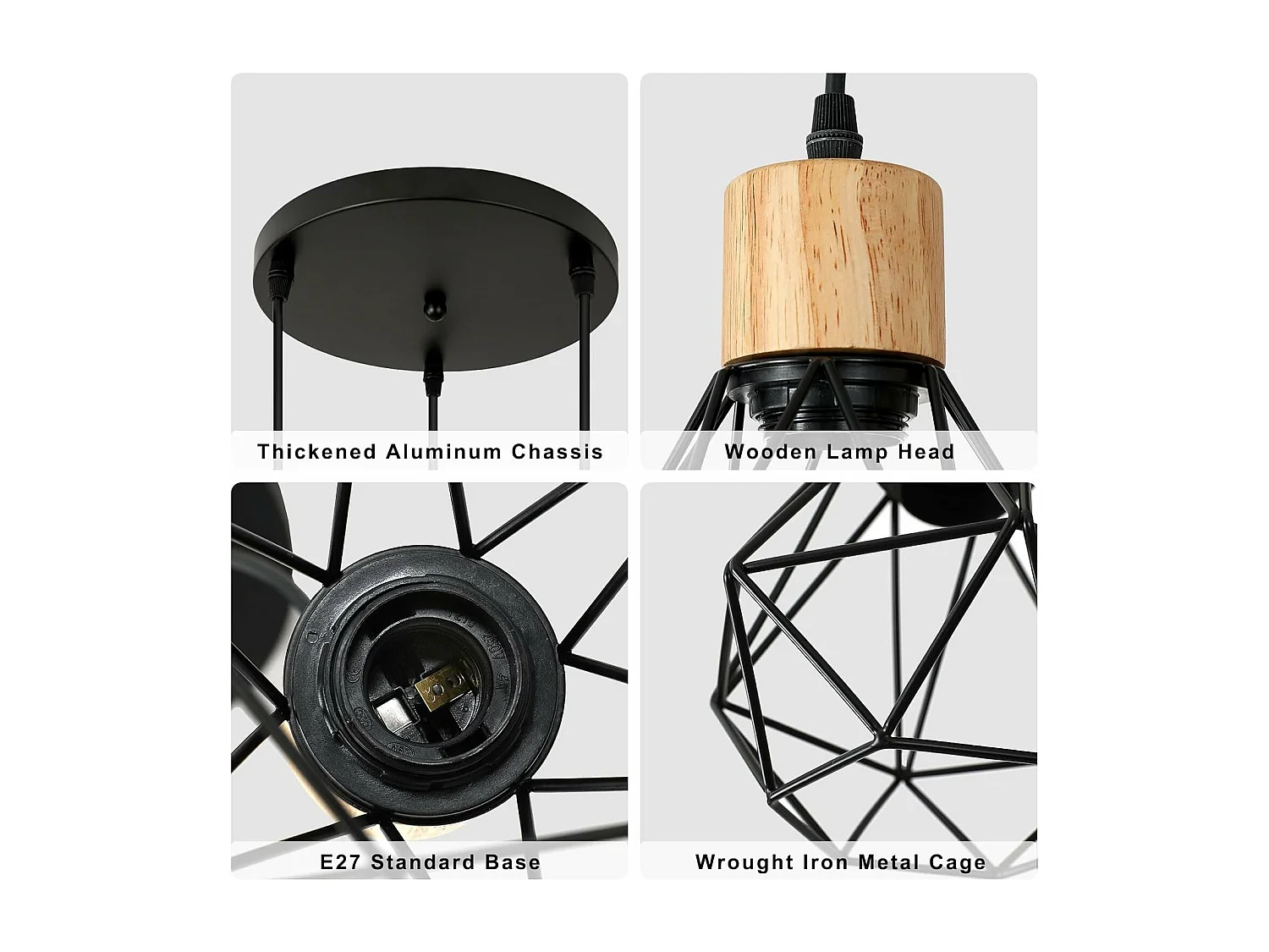 Suspension Cuisine Industrielle Lustre Noir en Fer avec Abat-Jour Cage Luminaire Plafonnier E27 Réglable en Hauteur Diamètre 16 cm 3 Lumières(Ampoule Non Incluse)