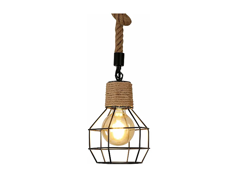 Suspension Luminaire Industrielle Lustre Bois et Corde Hauteur Réglable Lampe Vintage Noir E27 pour Cuisine Salon Hôtel Bar Restaurant(Ampoule non incluse)