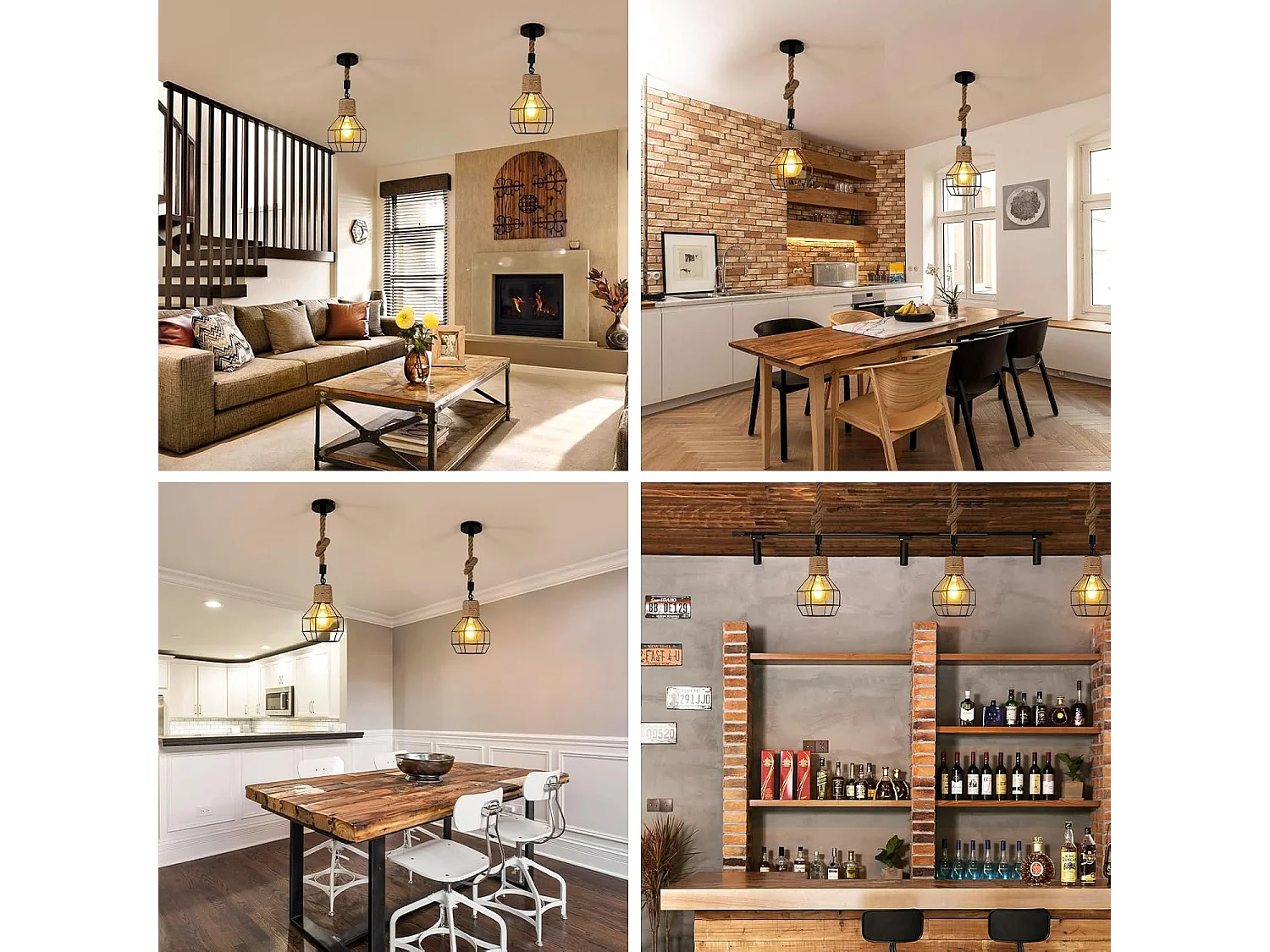 Suspension Luminaire Industrielle Lustre Bois et Corde Hauteur Réglable Lampe Vintage Noir E27 pour Cuisine Salon Hôtel Bar Restaurant(Ampoule non incluse)