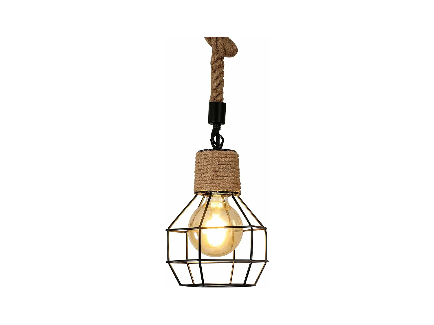Suspension Luminaire Industrielle Lustre Bois et Corde Hauteur Réglable Lampe Vintage Noir E27 pour Cuisine Salon Hôtel Bar Restaurant(Ampoule non incluse)