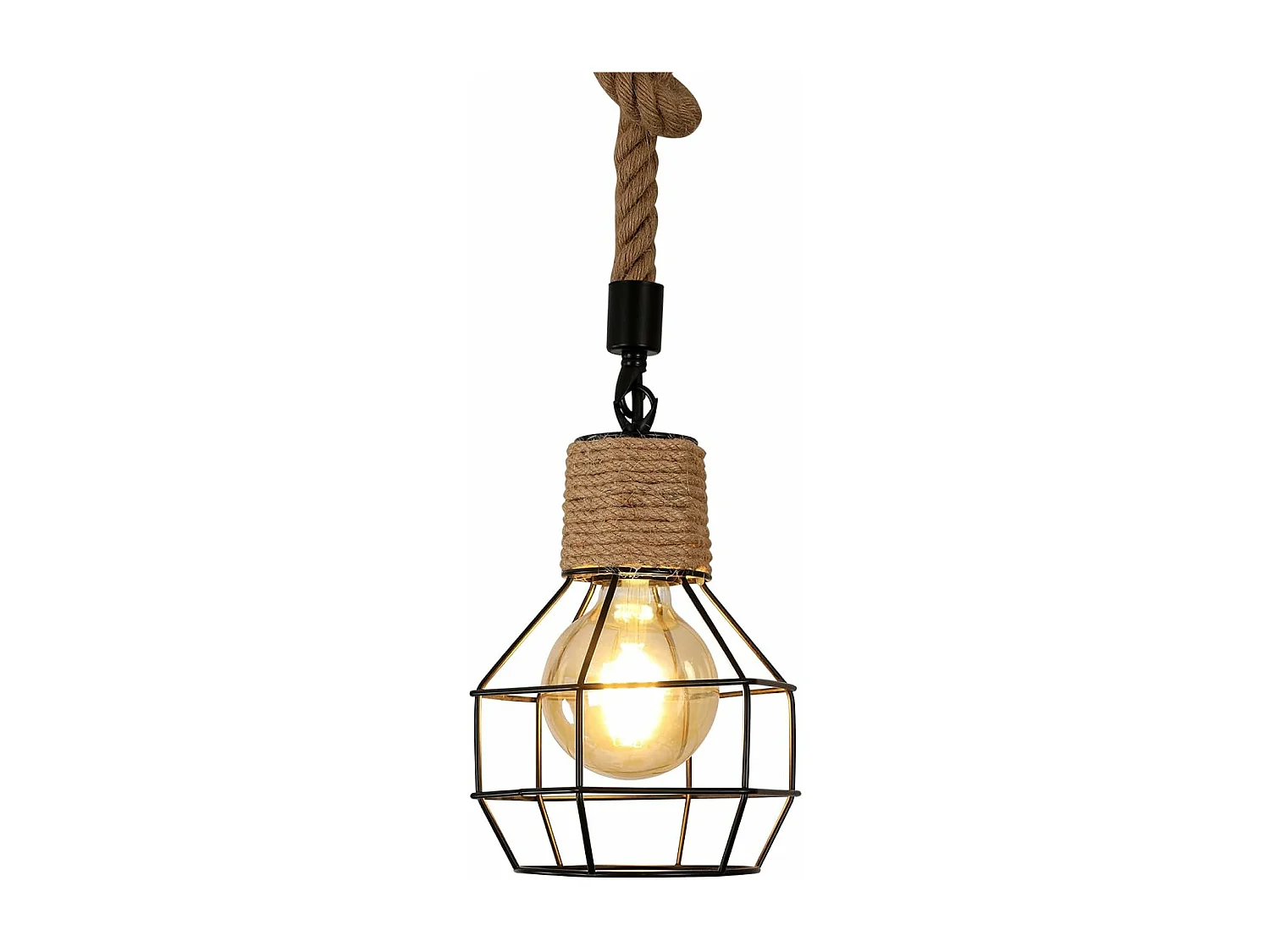 Suspension Luminaire Industrielle Lustre Bois et Corde Hauteur Réglable Lampe Vintage Noir E27 pour Cuisine Salon Hôtel Bar Restaurant(Ampoule non incluse)