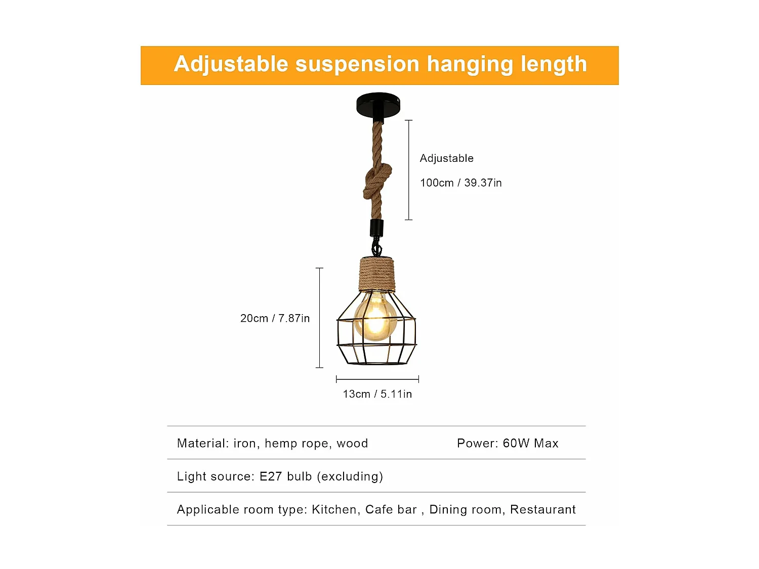 Suspension Luminaire Industrielle Lustre Bois et Corde Hauteur Réglable Lampe Vintage Noir E27 pour Cuisine Salon Hôtel Bar Restaurant(Ampoule non incluse)
