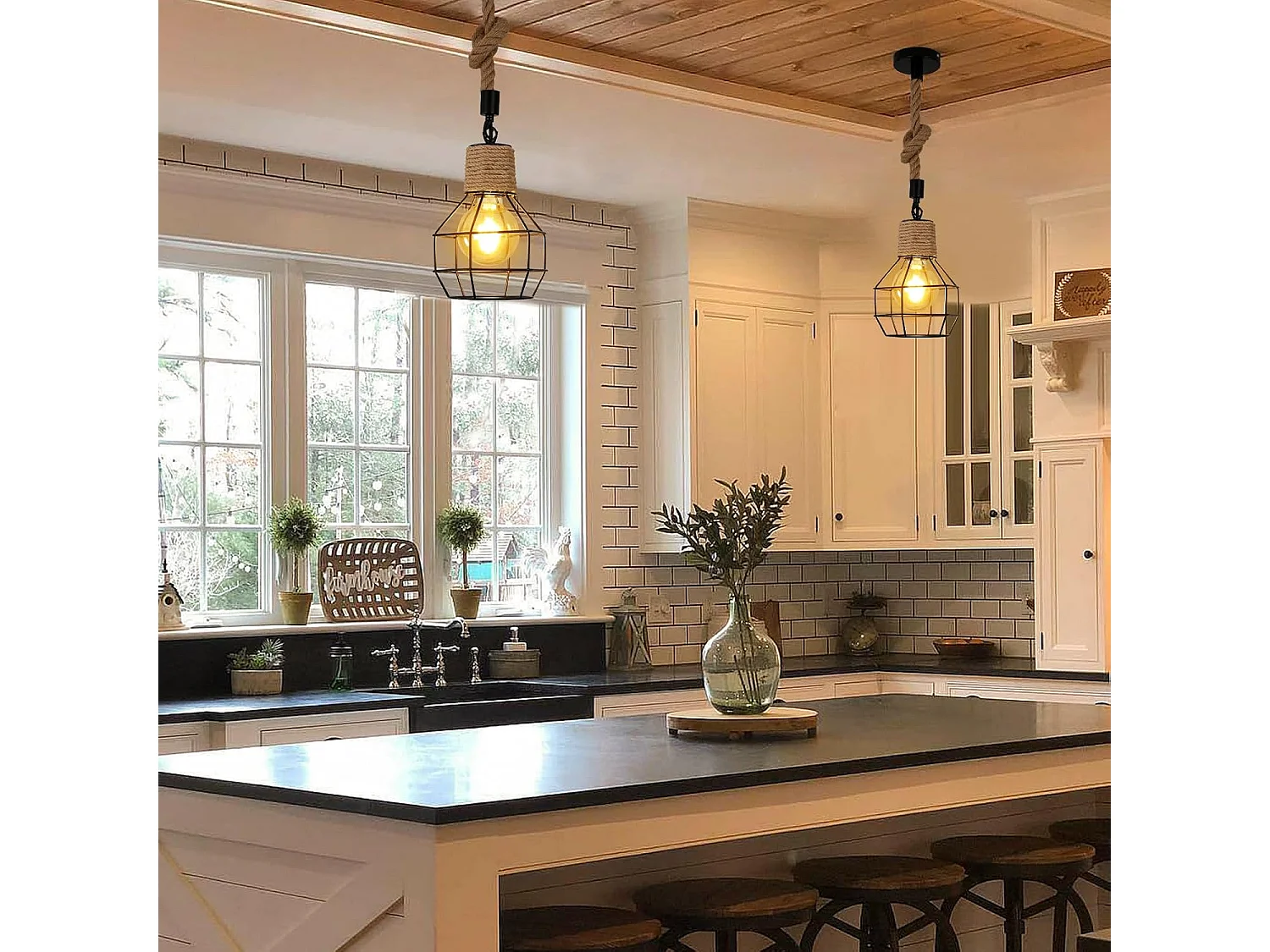 Suspension Luminaire Industrielle Lustre Bois et Corde Hauteur Réglable Lampe Vintage Noir E27 pour Cuisine Salon Hôtel Bar Restaurant(Ampoule non incluse)