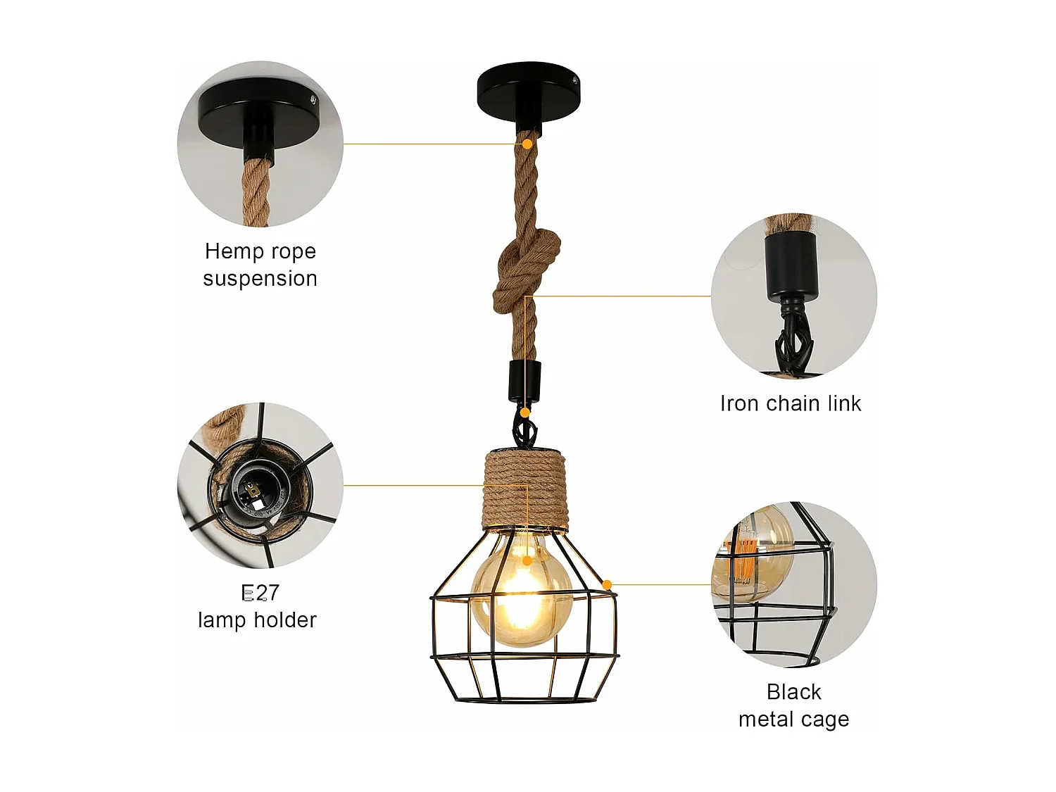 Suspension Luminaire Industrielle Lustre Bois et Corde Hauteur Réglable Lampe Vintage Noir E27 pour Cuisine Salon Hôtel Bar Restaurant(Ampoule non incluse)