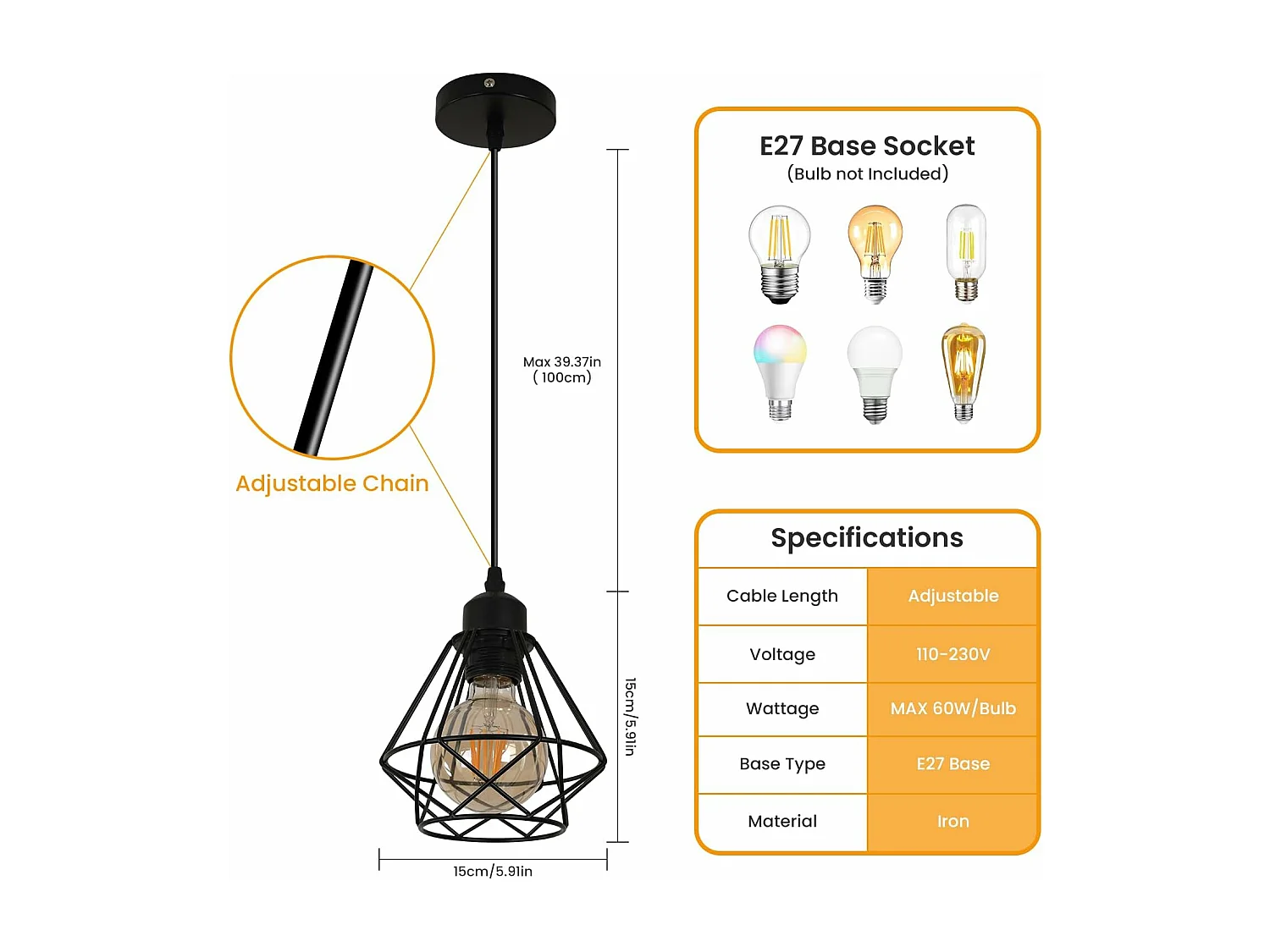 Suspension Luminaire Industriel E27 Lustre Rétro Plafonnier Vintage en Métal Noir Lampe Cage pour Restaurant Salon Chambre Cuisine Bar Couloir 15*17cm