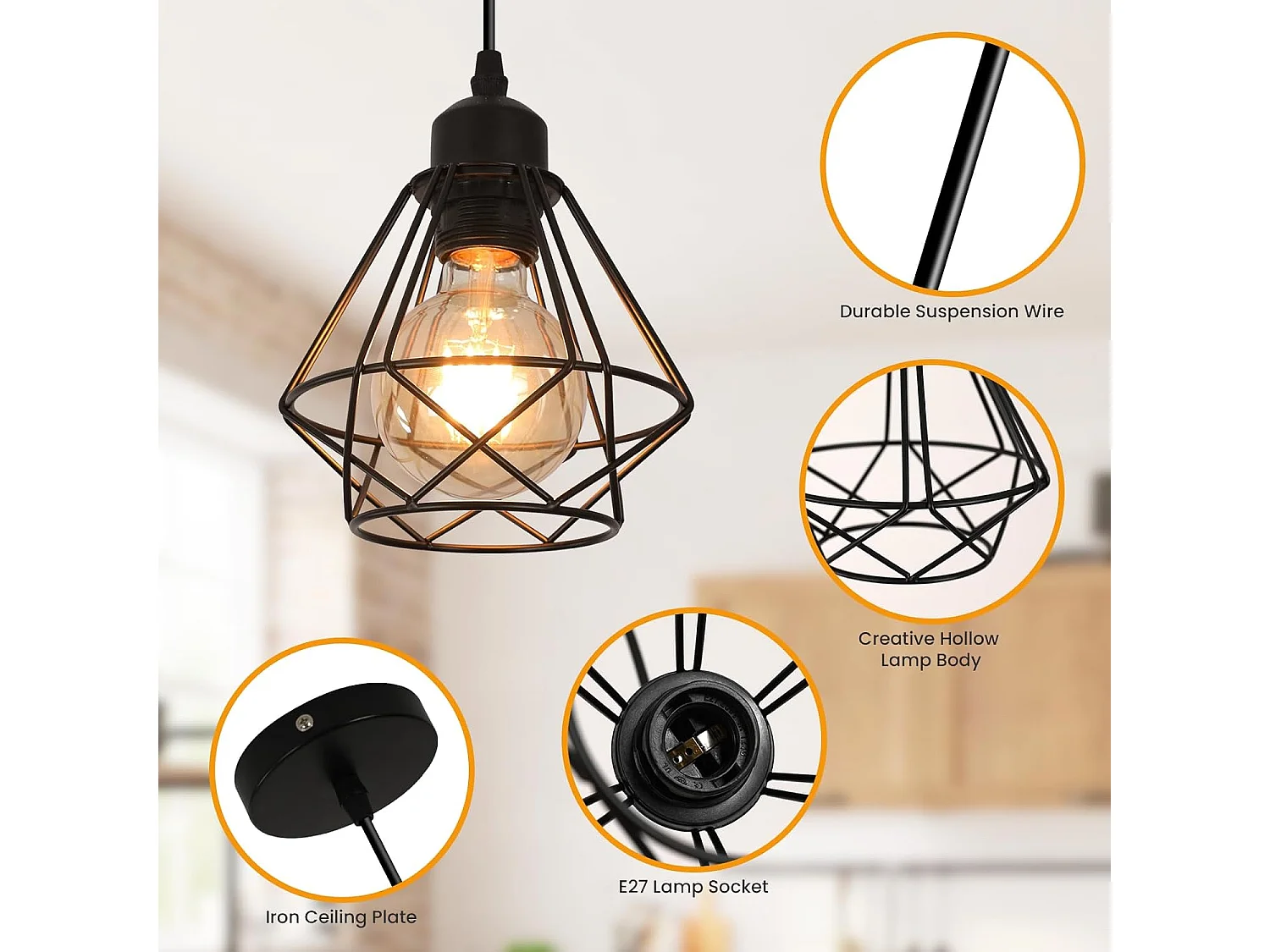 Suspension Luminaire Industriel E27 Lustre Rétro Plafonnier Vintage en Métal Noir Lampe Cage pour Restaurant Salon Chambre Cuisine Bar Couloir 15*17cm