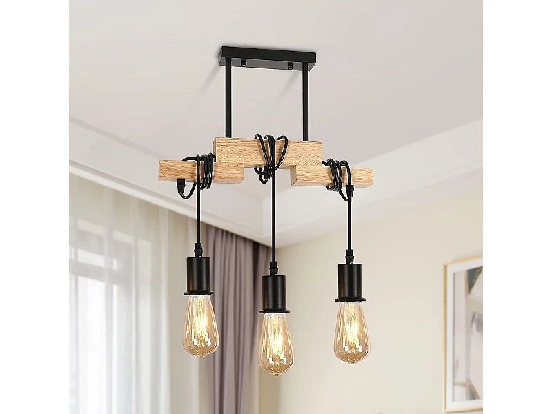 Suspension Luminaire Industriel en Bois avec 3 Têtes d'Éclairage E27 pour Salon Cuisine Salle à Manger Chambre