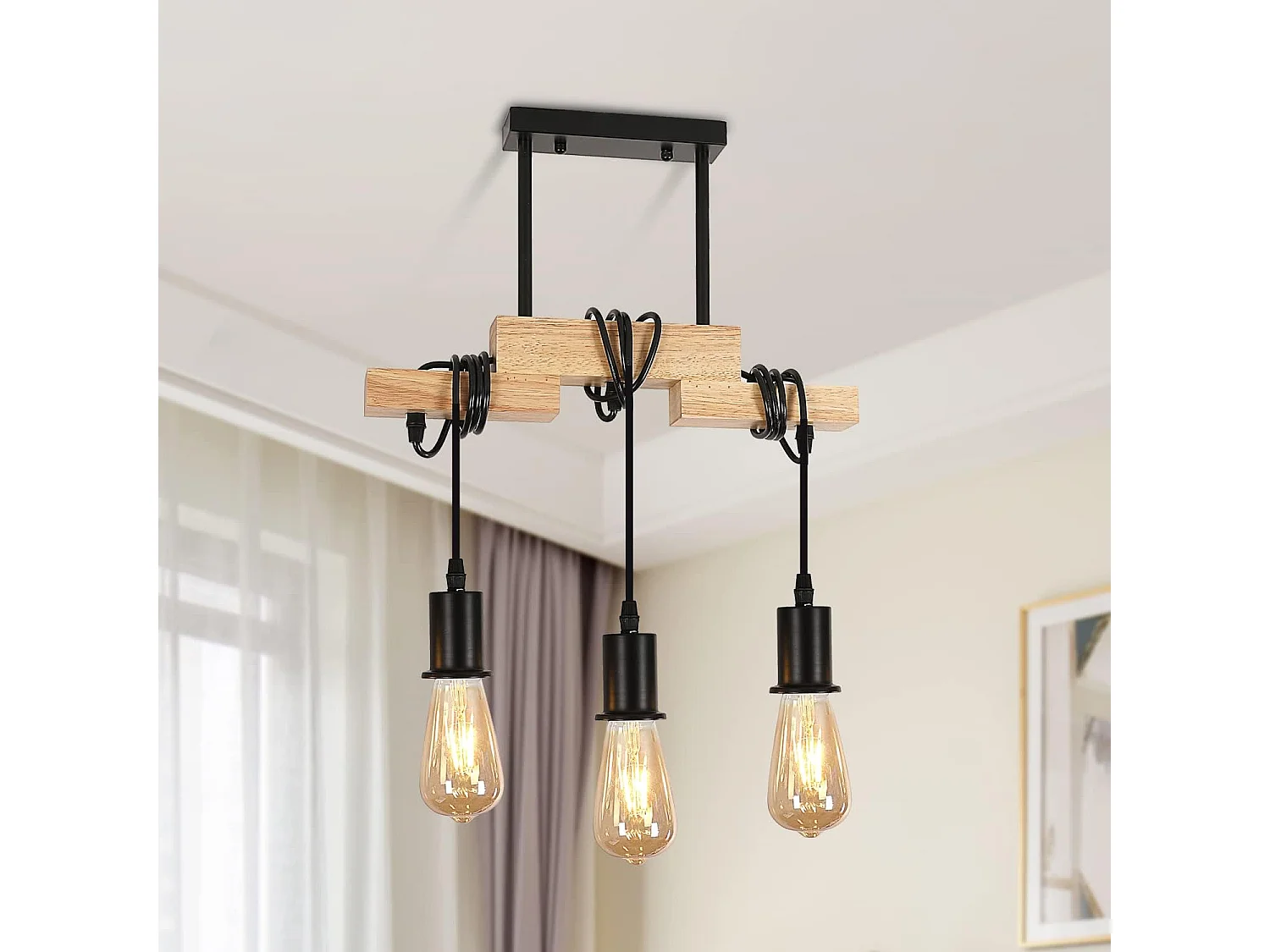 Suspension Luminaire Industriel en Bois avec 3 Têtes d'Éclairage E27 pour Salon Cuisine Salle à Manger Chambre
