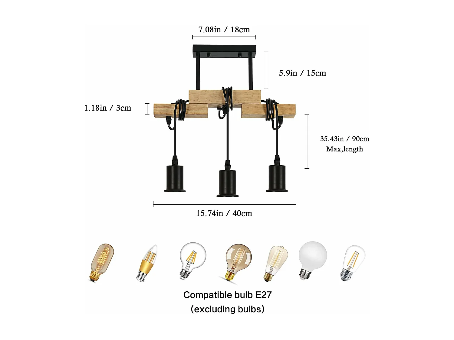 Suspension Luminaire Industriel en Bois avec 3 Têtes d'Éclairage E27 pour Salon Cuisine Salle à Manger Chambre