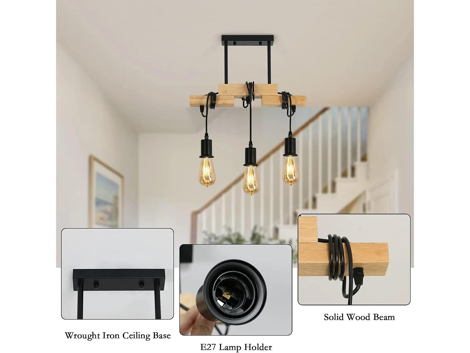 Suspension Luminaire Industriel en Bois avec 3 Têtes d'Éclairage E27 pour Salon Cuisine Salle à Manger Chambre