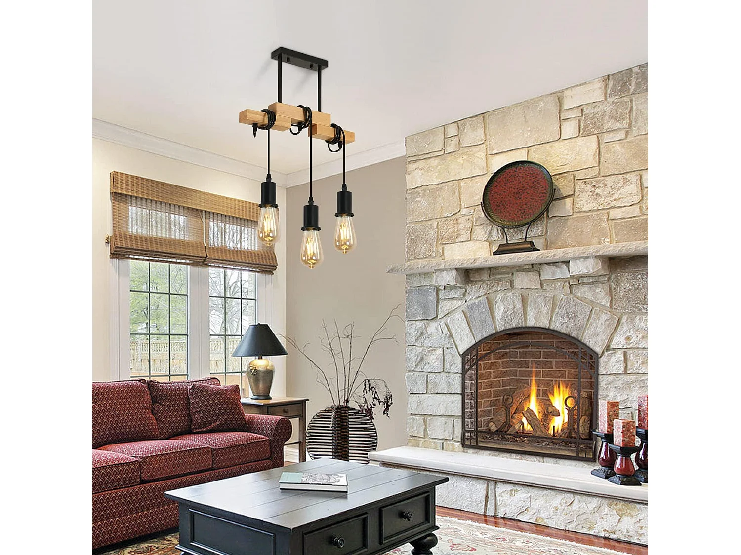 Suspension Luminaire Industriel en Bois avec 3 Têtes d'Éclairage E27 pour Salon Cuisine Salle à Manger Chambre