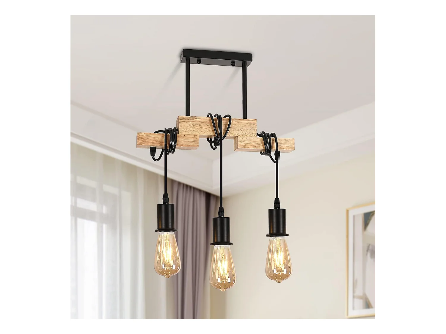 Suspension Luminaire Industriel en Bois avec 3 Têtes d'Éclairage E27 pour Salon Cuisine Salle à Manger Chambre