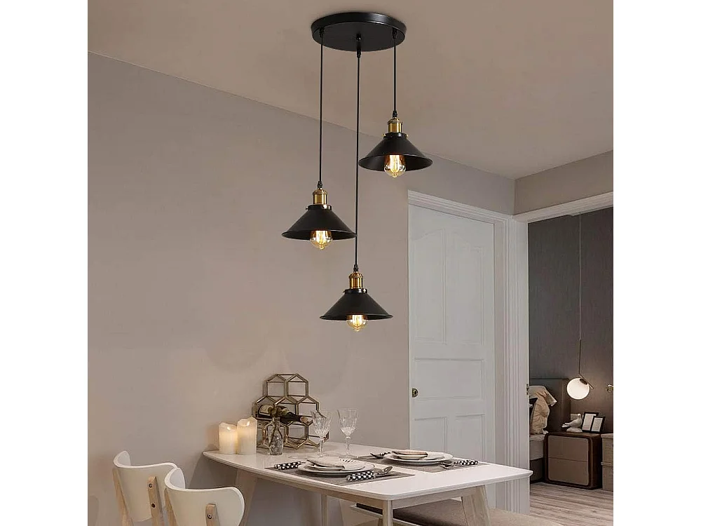 3 Lumières， Suspension Rétro Industriel Lustre， Plafonniers Design Edison Métal， Lustre Suspension avec Support de Plaque Circulaire, Ø 22cm, Noir