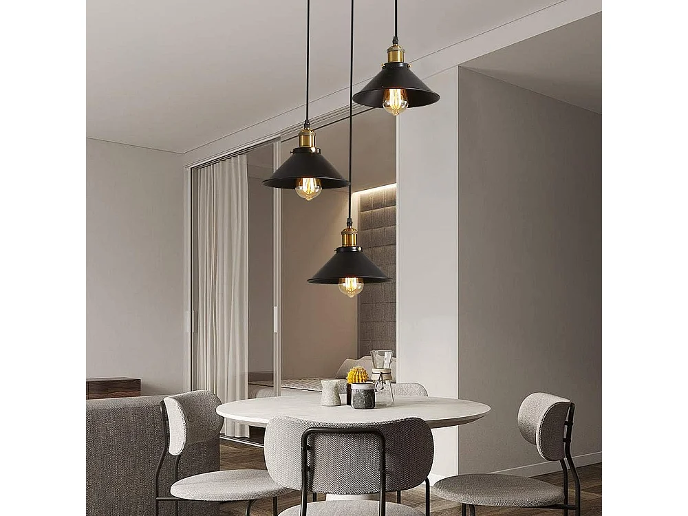 3 Lumières， Suspension Rétro Industriel Lustre， Plafonniers Design Edison Métal， Lustre Suspension avec Support de Plaque Circulaire, Ø 22cm, Noir