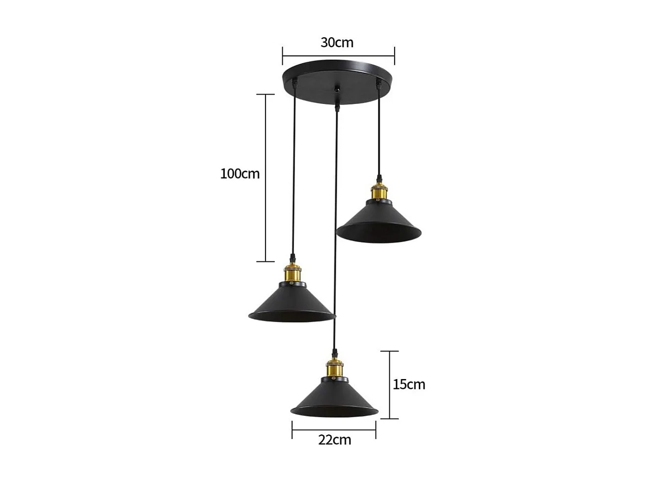3 Lumières， Suspension Rétro Industriel Lustre， Plafonniers Design Edison Métal， Lustre Suspension avec Support de Plaque Circulaire, Ø 22cm, Noir