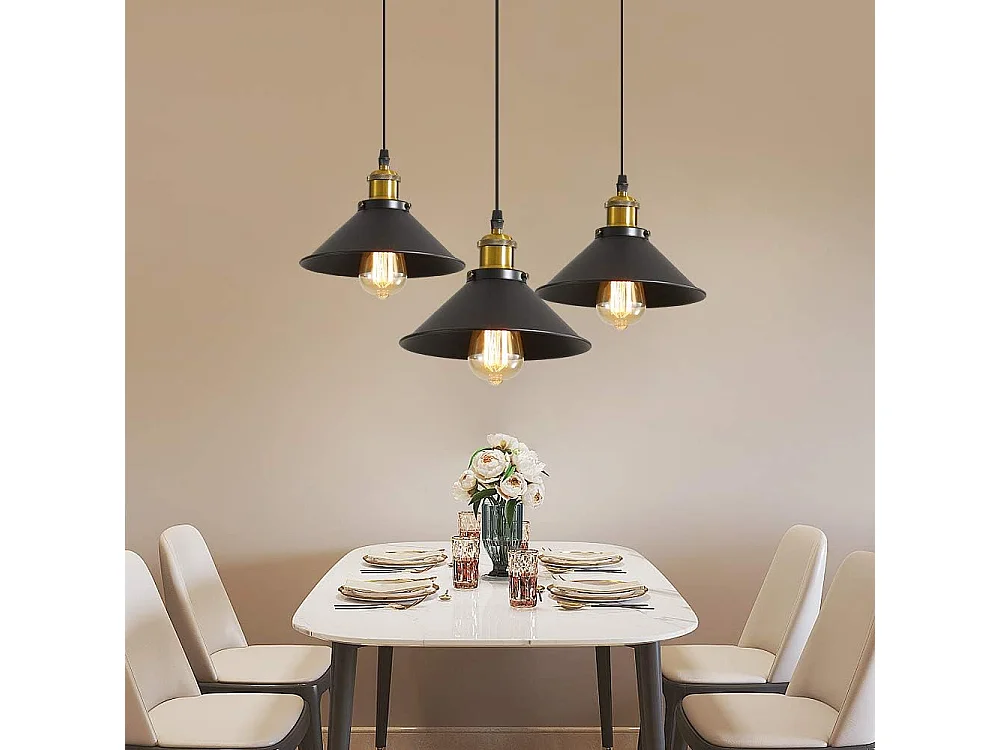 Haobosic Suspension industrielle 3 lumières noir, abat-jour vintage 22cm, câble 1.2m, douilles E27, sans ampoule