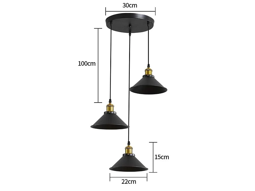 Haobosic Suspension industrielle 3 lumières noir, abat-jour vintage 22cm, câble 1.2m, douilles E27, sans ampoule