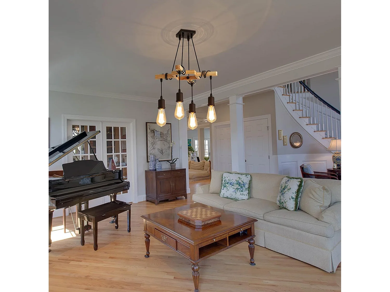 Suspensions Vintage, Plafonnier Industriel en Bois et Métal Noir, 4 ampoules E27 non incluses, max 60W, pour salon ou restaurant