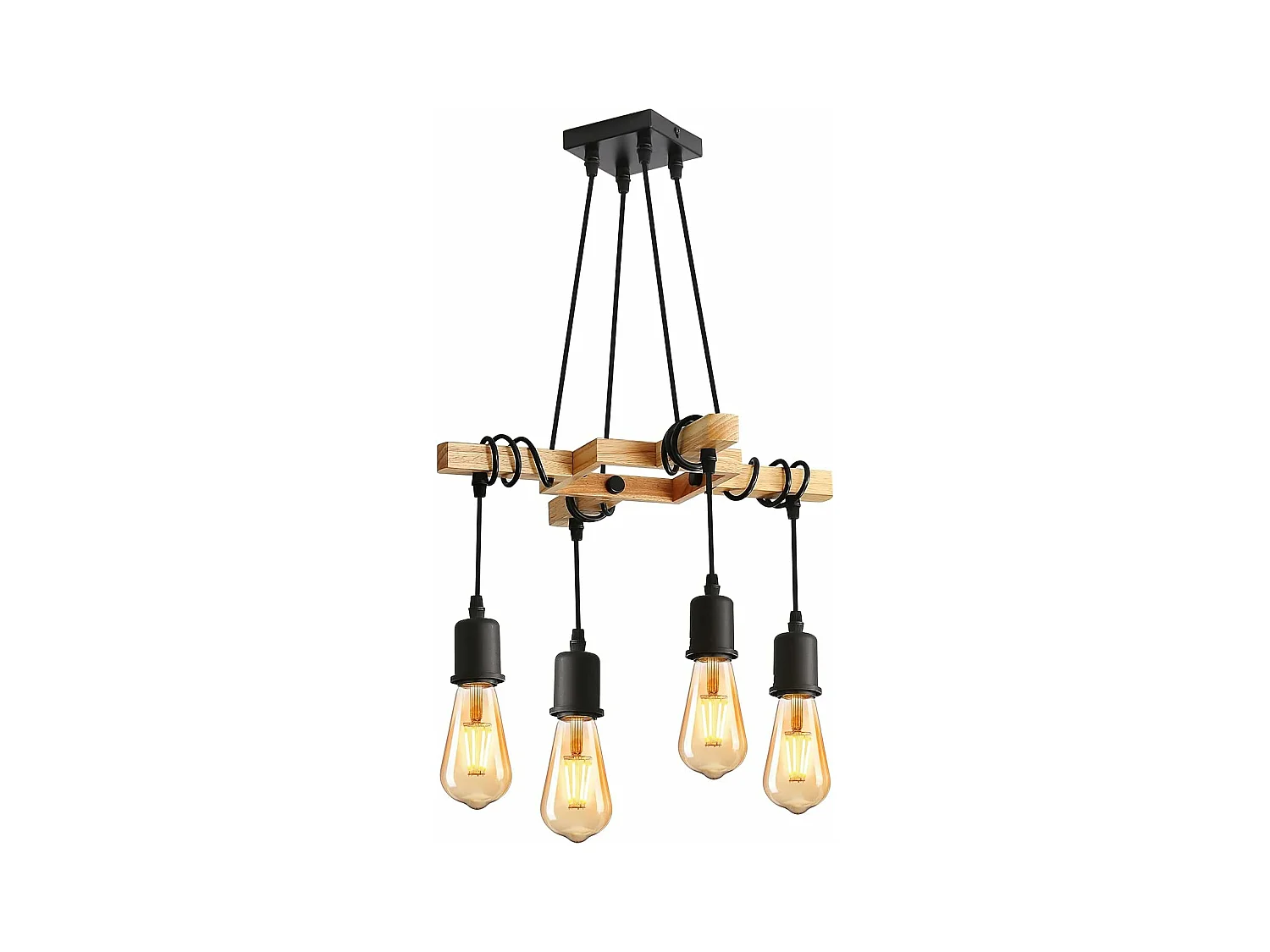 Suspensions Vintage, Plafonnier Industriel en Bois et Métal Noir, 4 ampoules E27 non incluses, max 60W, pour salon ou restaurant