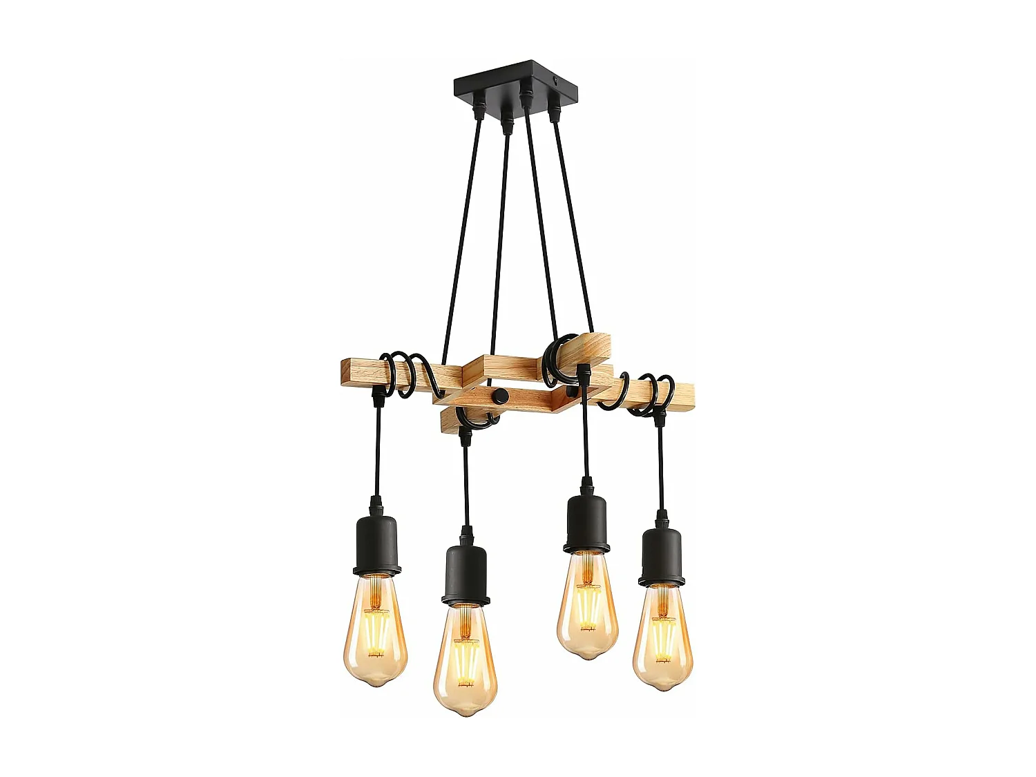 Suspensions Vintage, Plafonnier Industriel en Bois et Métal Noir, 4 ampoules E27 non incluses, max 60W, pour salon ou restaurant