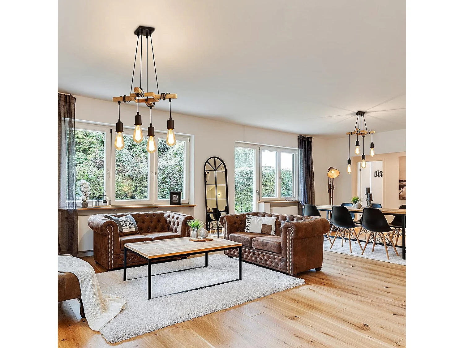 Suspensions Vintage, Plafonnier Industriel en Bois et Métal Noir, 4 ampoules E27 non incluses, max 60W, pour salon ou restaurant