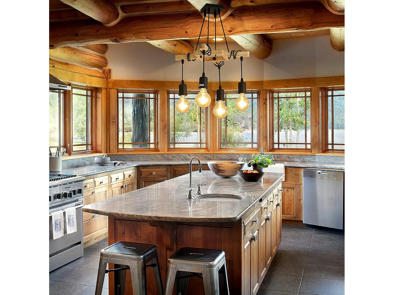 Suspensions Vintage, Plafonnier Industriel en Bois et Métal Noir, 4 ampoules E27 non incluses, max 60W, pour salon ou restaurant