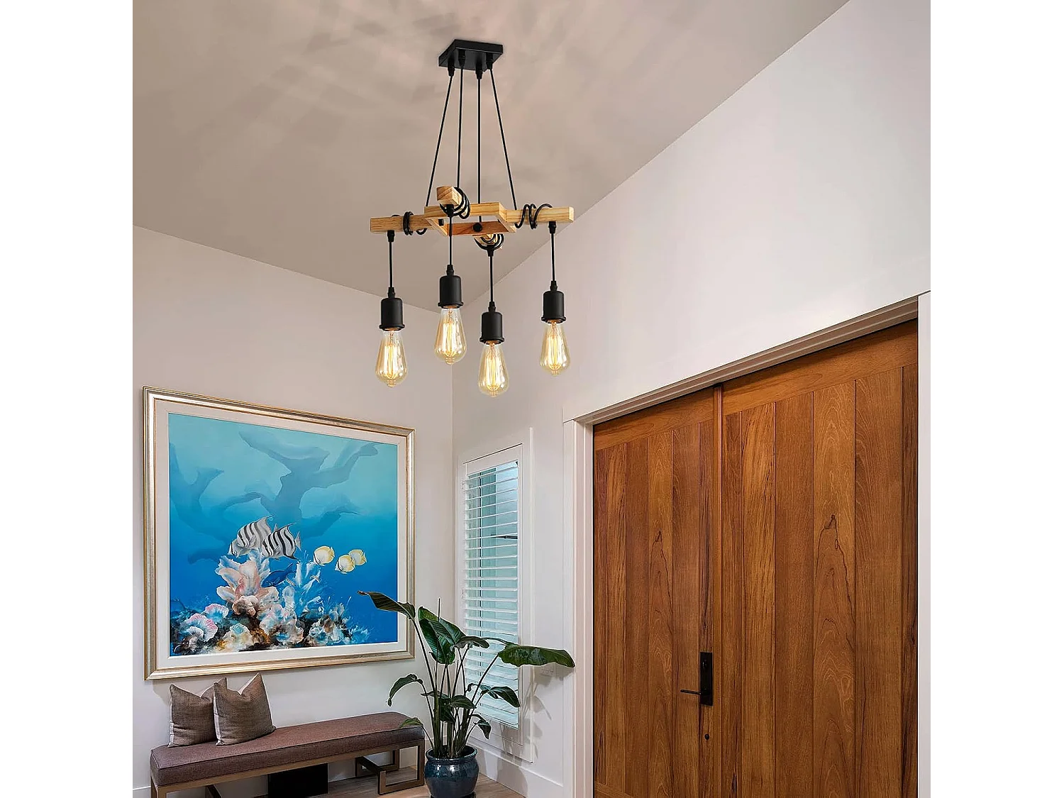 Suspensions Vintage, Plafonnier Industriel en Bois et Métal Noir, 4 ampoules E27 non incluses, max 60W, pour salon ou restaurant