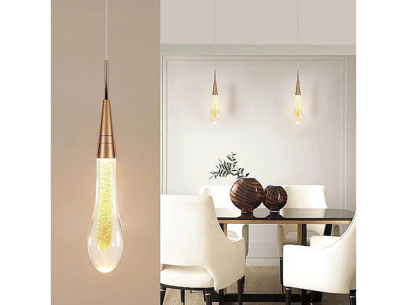 Suspension LED, Lustre en Verre Goutte d'Eau Créatif, Plafonnier LED Moderne en Verre Doré pour Chambre Salle à Manger Cuisine Salon, Lumière Chaude