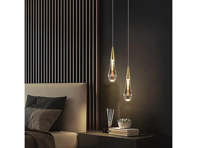 Suspension LED, Lustre en Verre Goutte d'Eau Créatif, Plafonnier LED Moderne en Verre Doré pour Chambre Salle à Manger Cuisine Salon, Lumière Chaude