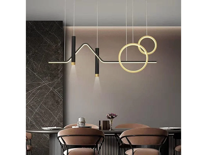 Suspension moderne LED double ronde avec spot en aluminium, 45W onde linéaire, noir or dimmable avec télécommande, 220V, pour hôtel bureau café restaurant