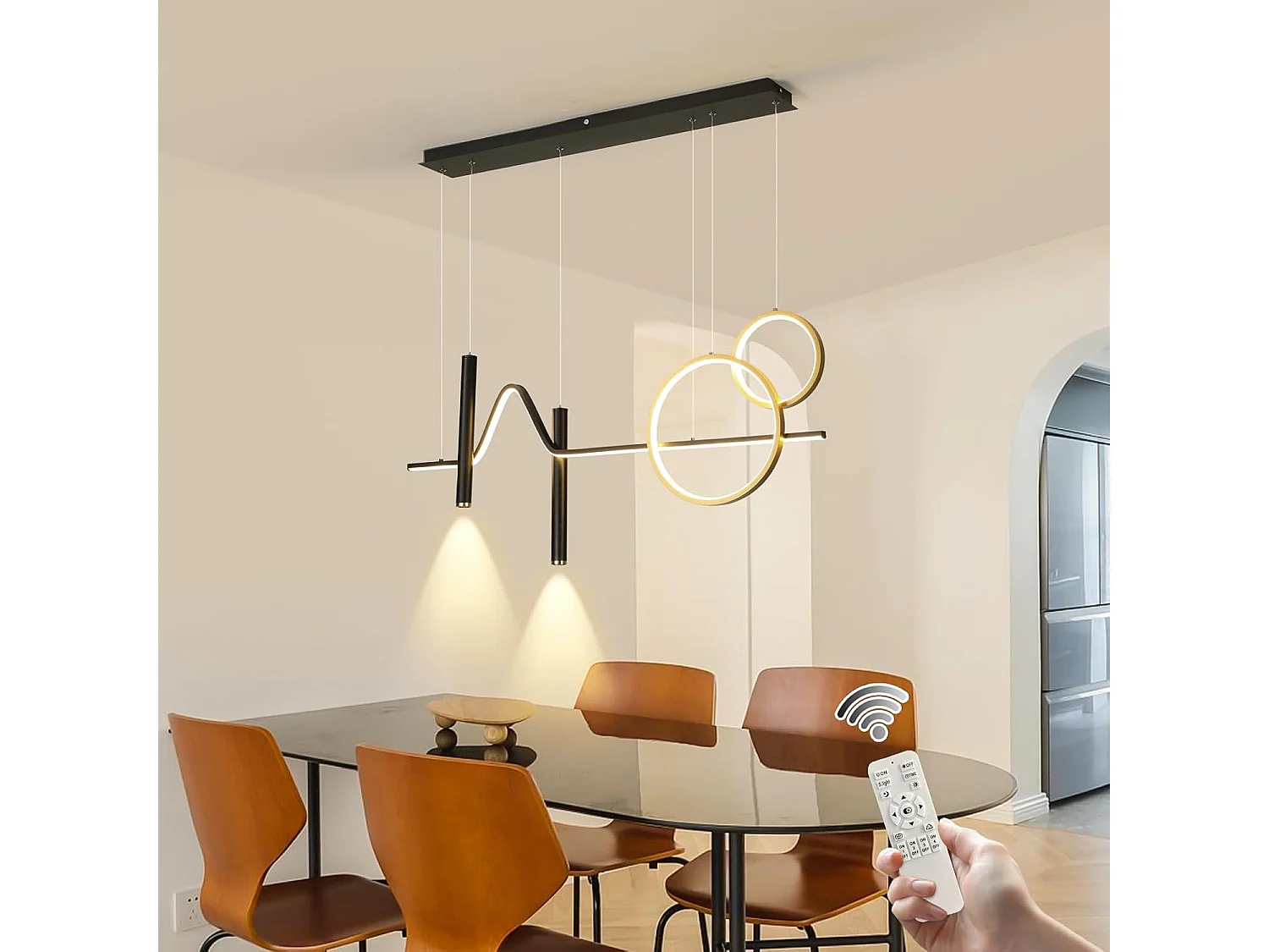 Suspension moderne LED double ronde avec spot en aluminium, 45W onde linéaire, noir or dimmable avec télécommande, 220V, pour hôtel bureau café restaurant