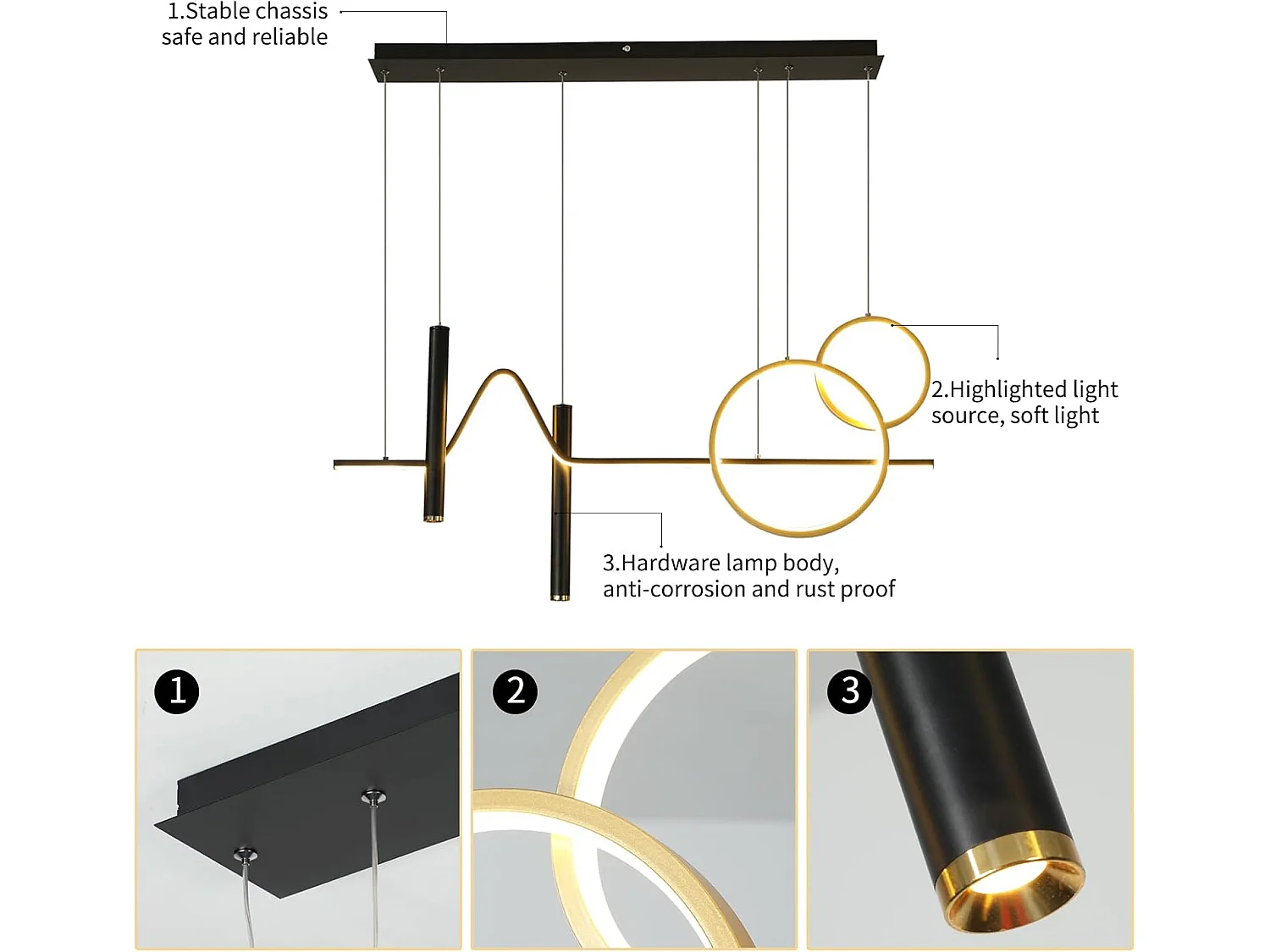 Suspension moderne LED double ronde avec spot en aluminium, 45W onde linéaire, noir or dimmable avec télécommande, 220V, pour hôtel bureau café restaurant