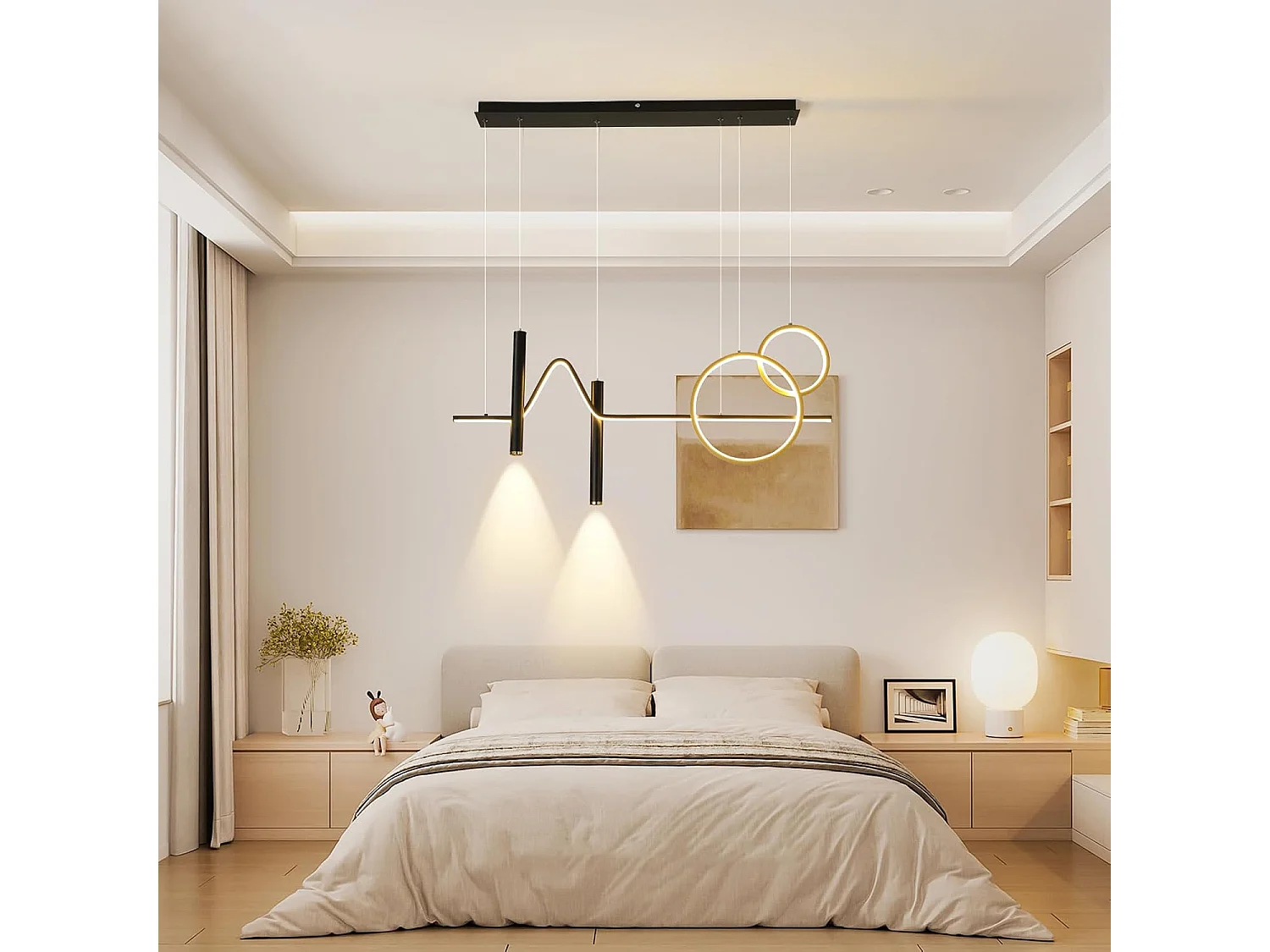 Suspension moderne LED double ronde avec spot en aluminium, 45W onde linéaire, noir or dimmable avec télécommande, 220V, pour hôtel bureau café restaurant